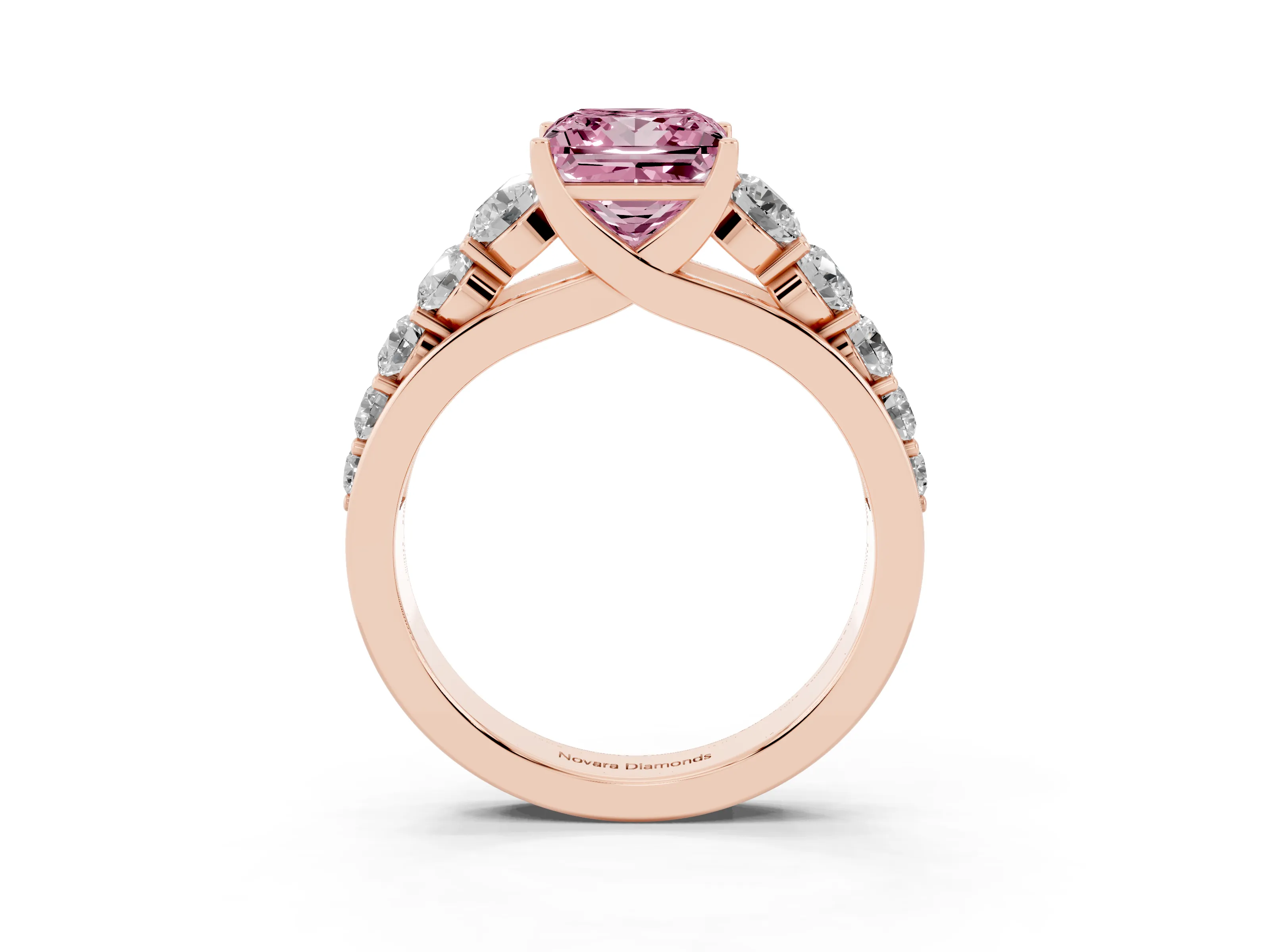 Fancy Pink Princess Cut Diamond Solitaire Ring Set in Rose gold with Pavé-Set Band and Prong Setting