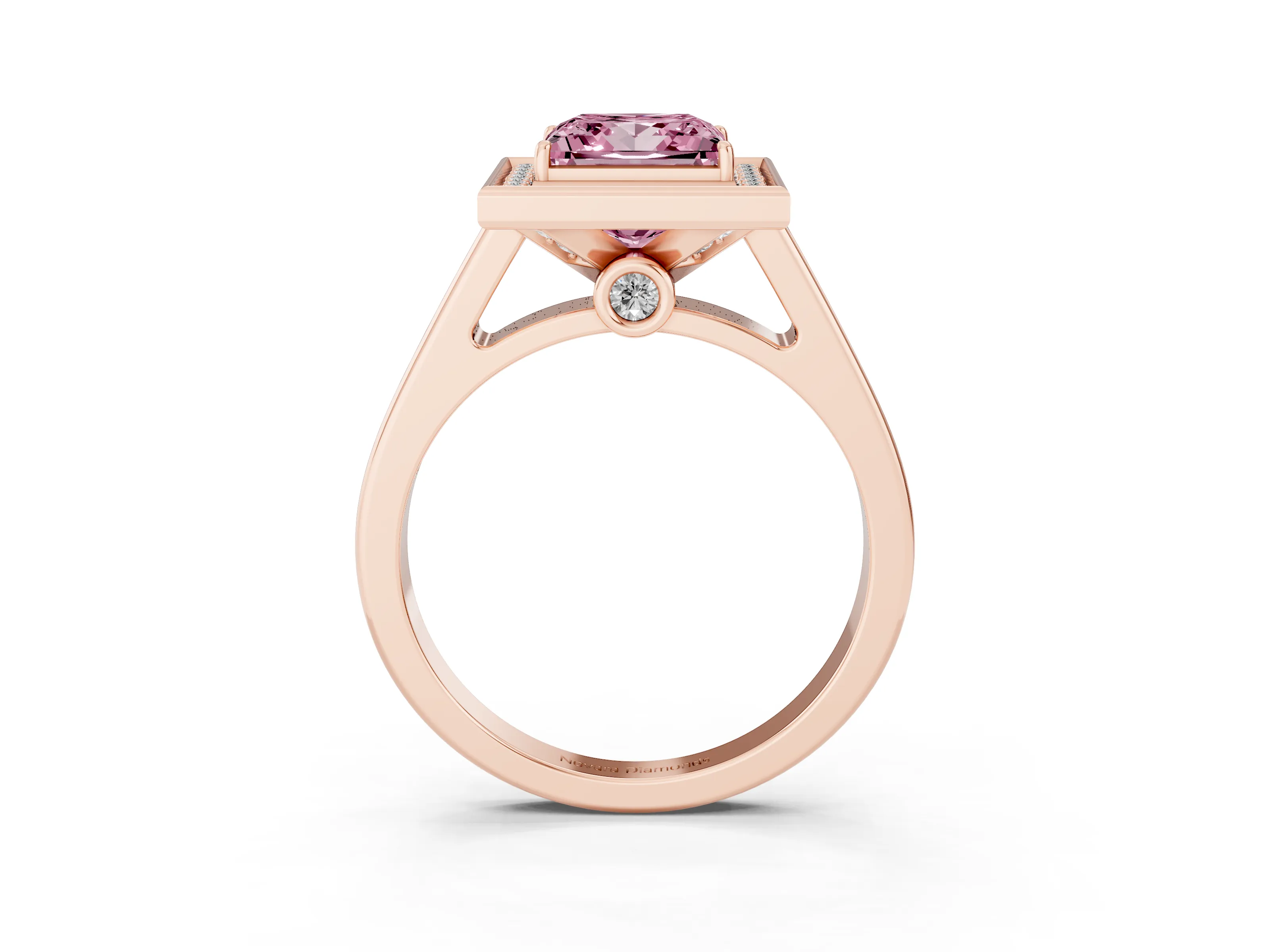 Fancy Pink Princess Cut Diamond Halo Solitaire Ring Set in Rose gold with Pavé Band and Bezel Setting