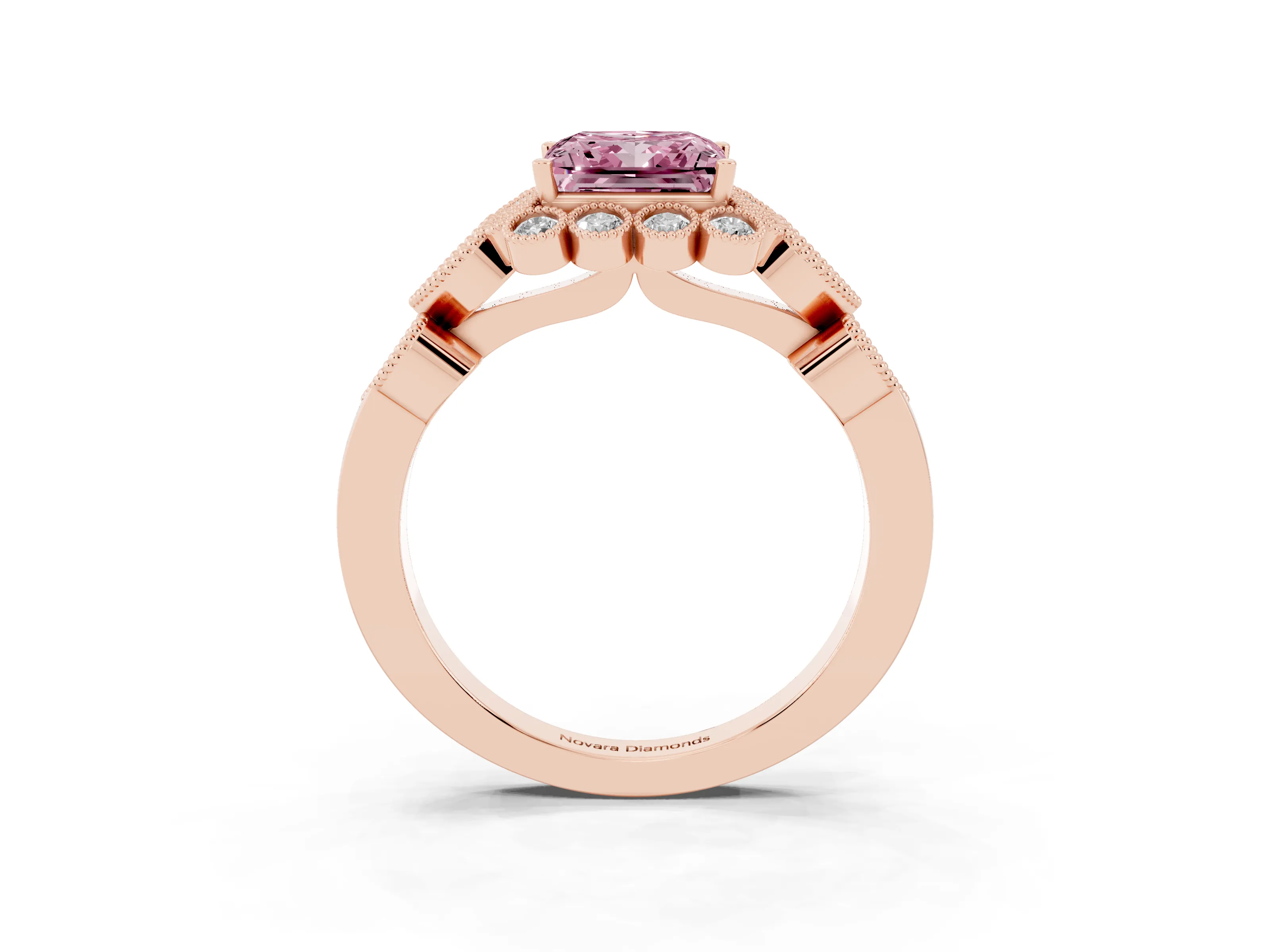Fancy Pink Princess Cut Diamond Solitaire Ring Set in Rose gold with Milgrain Pavé Heart Band