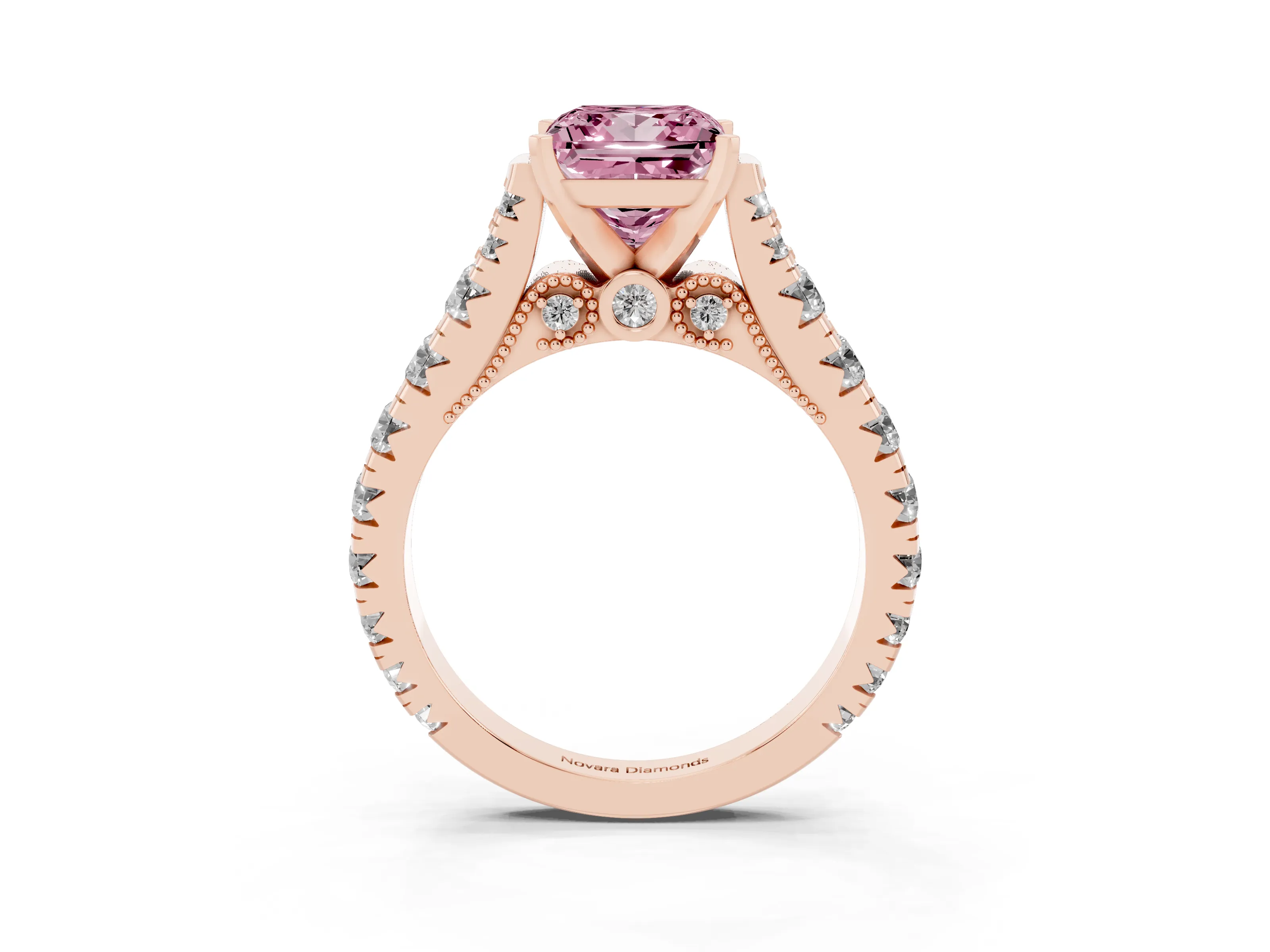Fancy Pink Princess Cut Diamond Classic Solitaire Ring Set in Rose gold with Pavé Band and Prong Setting