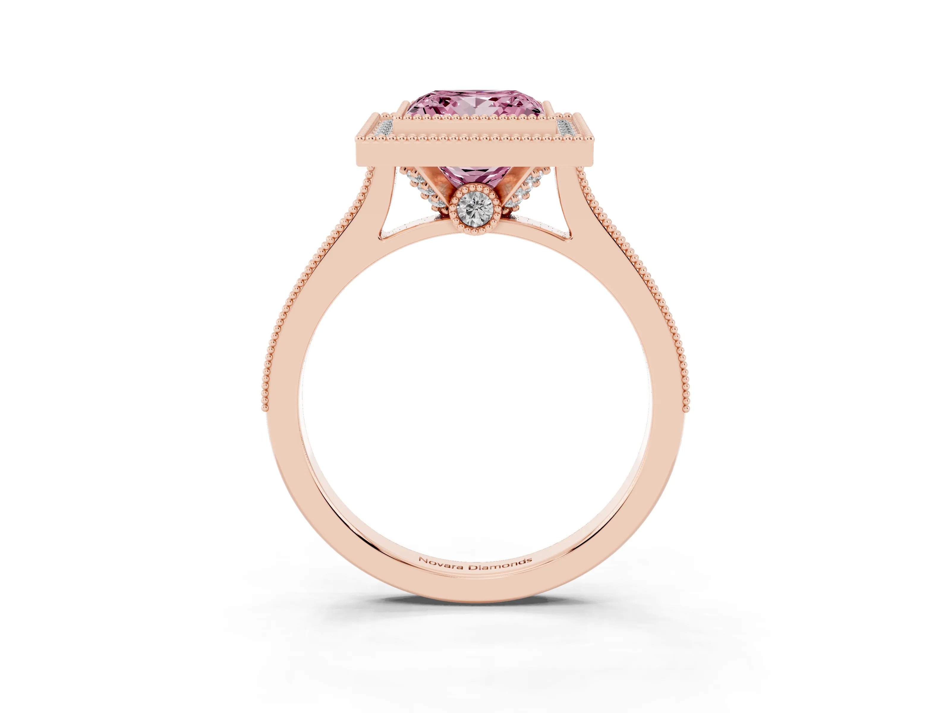 Fancy Pink Princess Cut Diamond Halo Milgrain Pavé Band Ring Set in Rose gold with Prong Setting