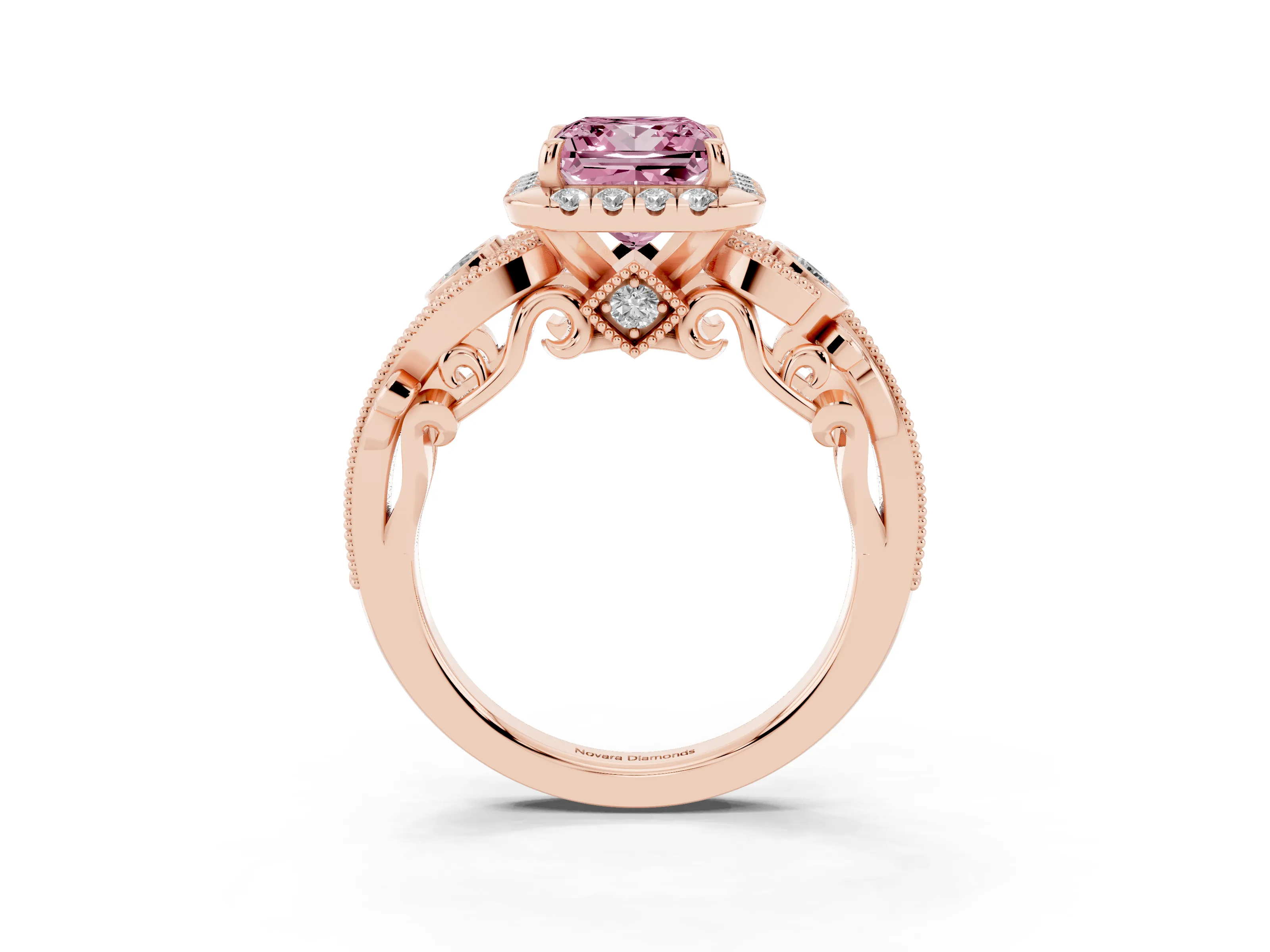 Fancy Pink Princess Cut Diamond Halo Ring Set in Rose gold with Milgrain Pavé Band and Prong Setting