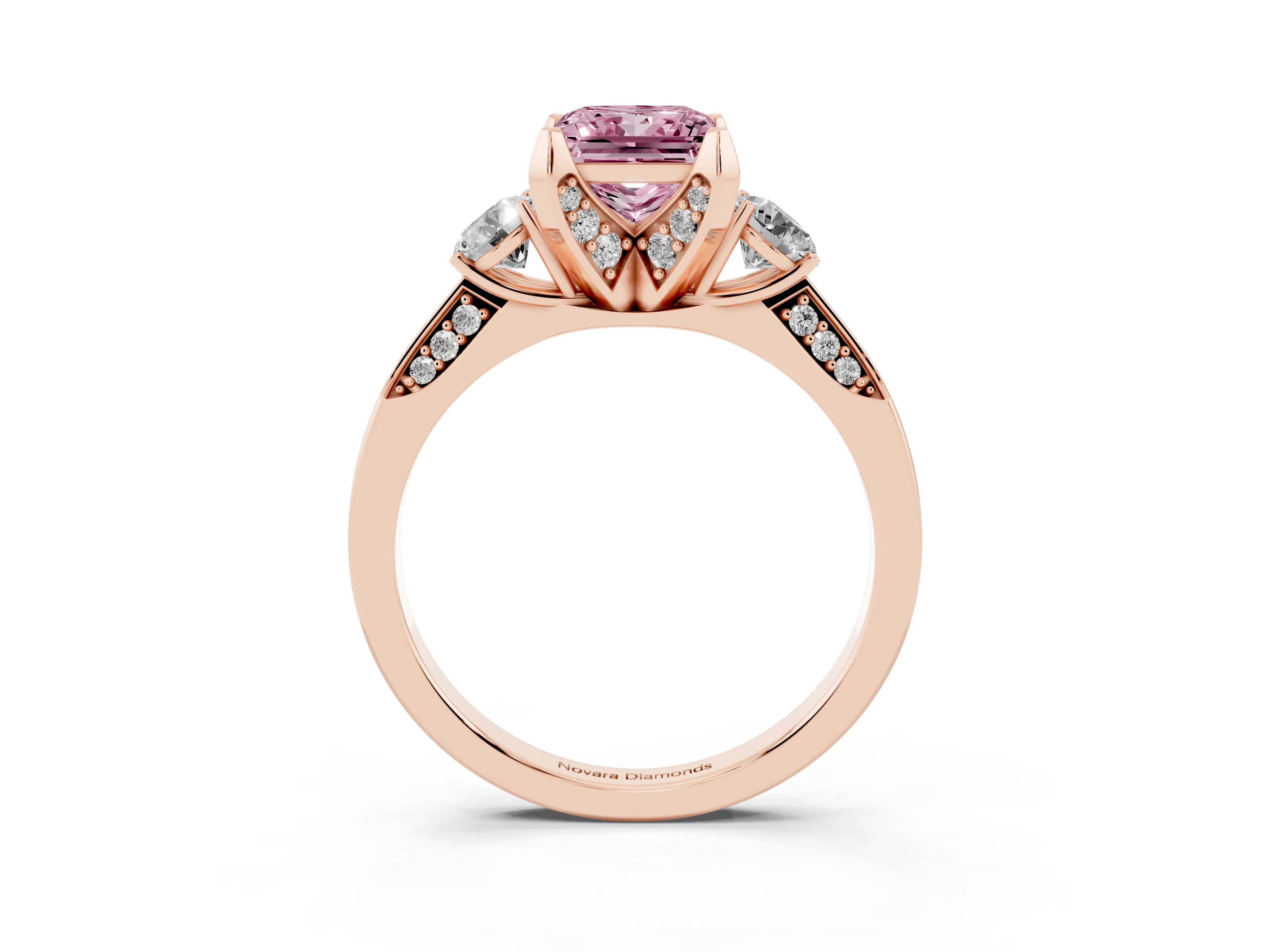 Fancy Pink Princess Cut Diamond Three-Stone Ring Set in Rose gold with Pavé Band and Smaller Side Stones