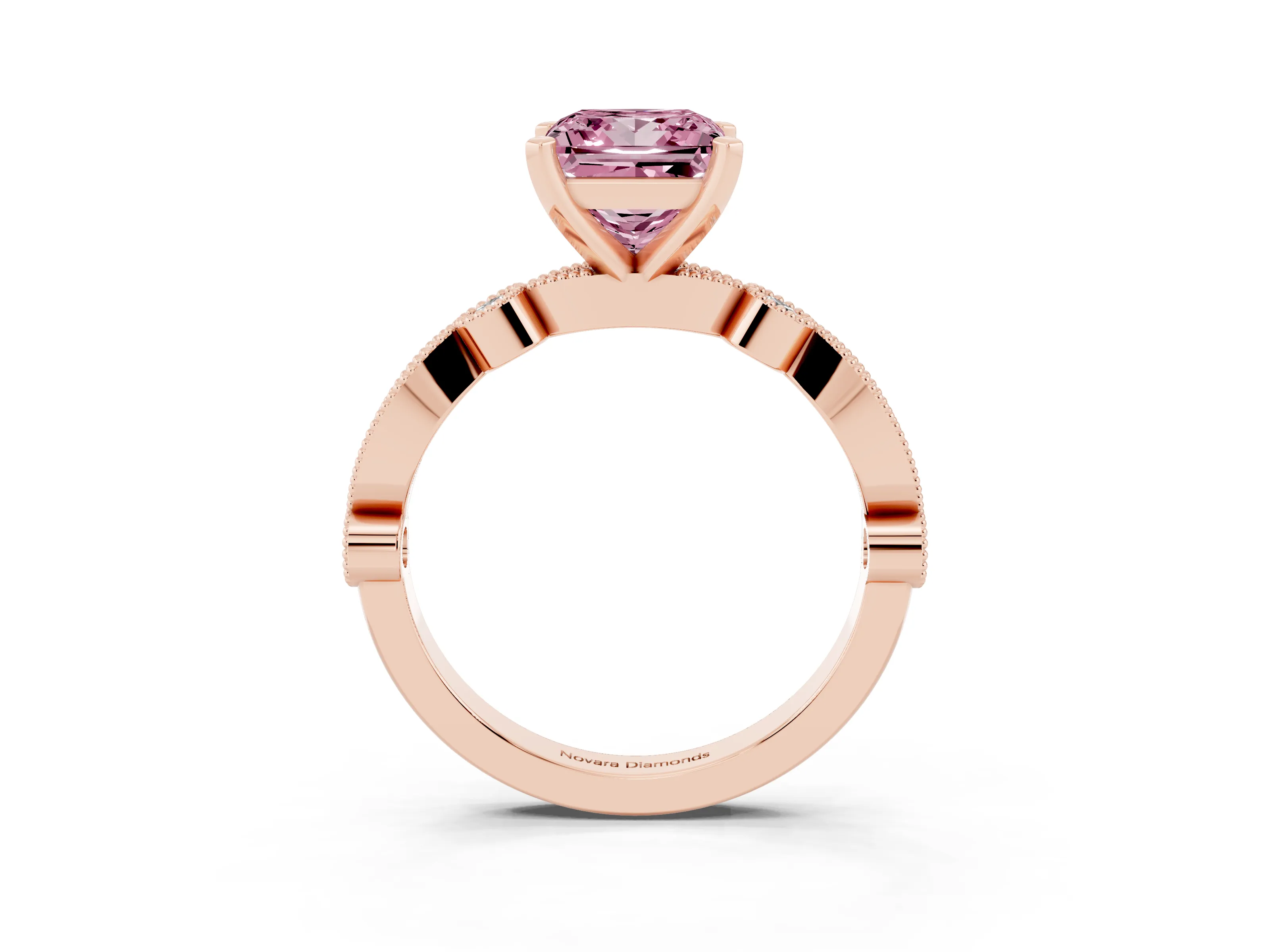 Fancy Pink Princess Cut Diamond Solitaire Engagement Ring Set in Rose gold with Milgrain Bezel Accent Band