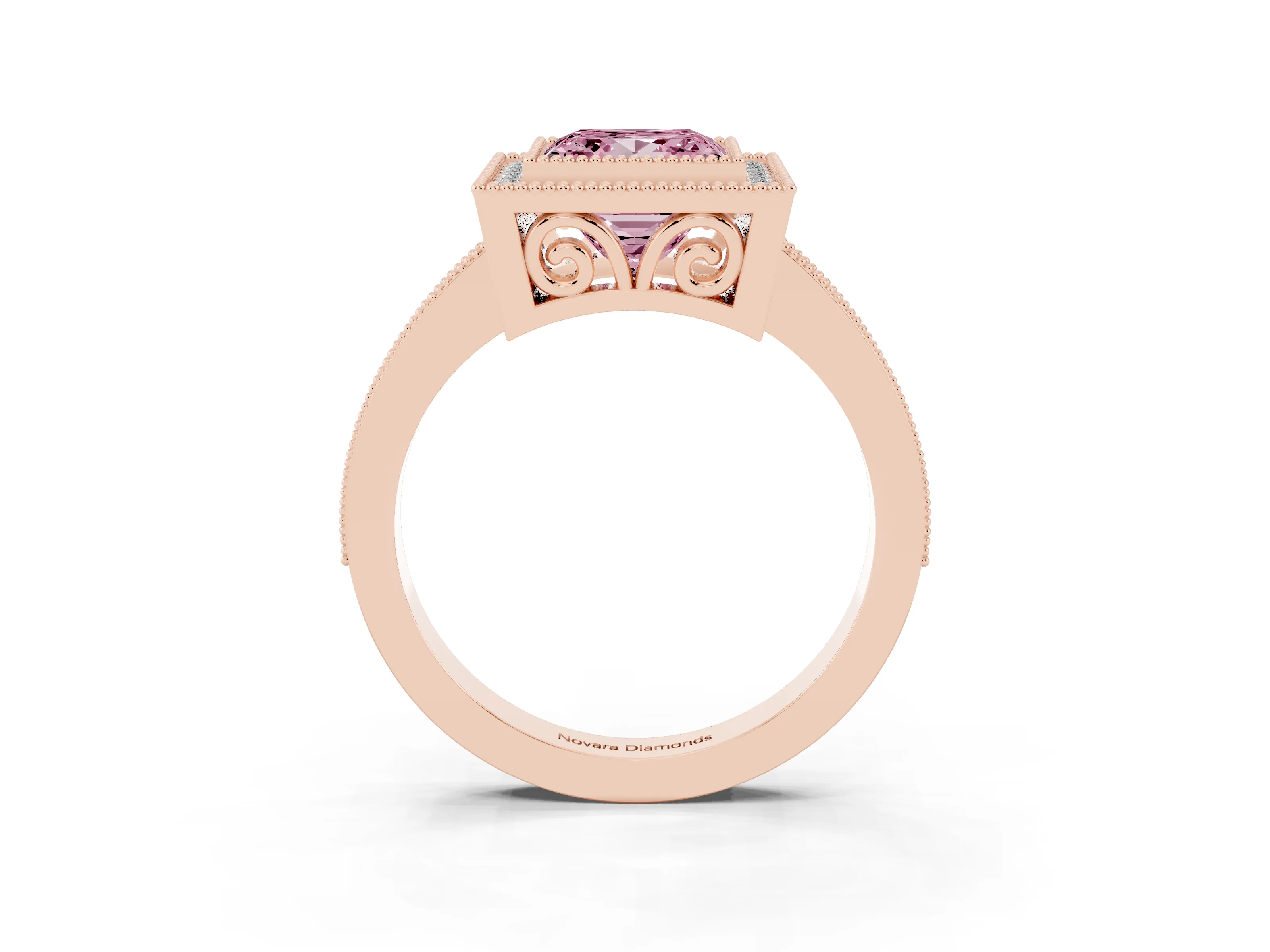 Fancy Pink Princess Cut Diamond Halo Ring Set in Rose gold with Pavé Band and Milgrain-Edged Prongs