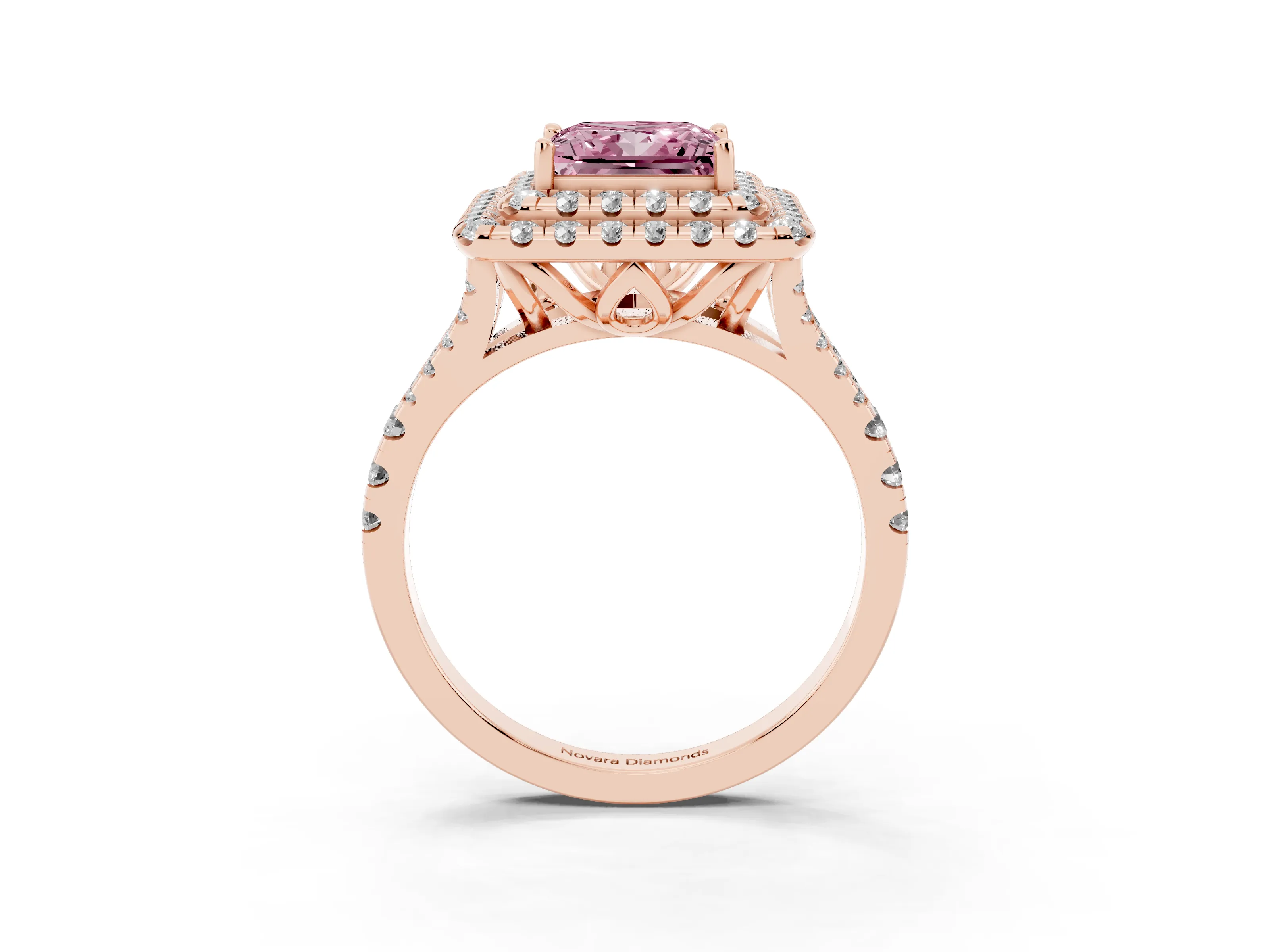 Fancy Pink Princess Cut Diamond Double Halo Ring Set in Rose gold with Pavé Split Shank and Prong Setting