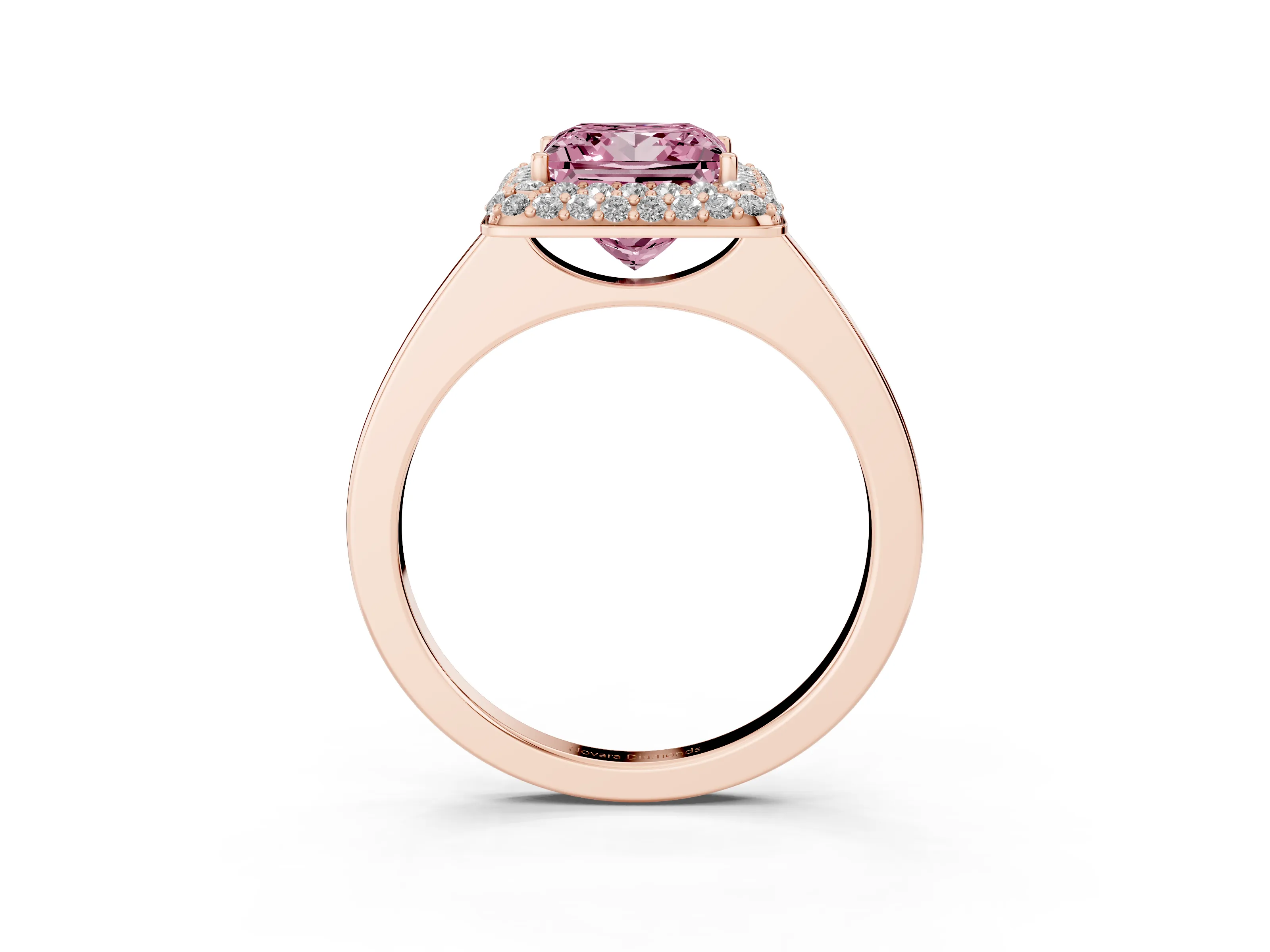 Fancy Pink Princess Cut Diamond Halo Engagement Ring Set in Rose gold with Solitaire Band and Prong Setting