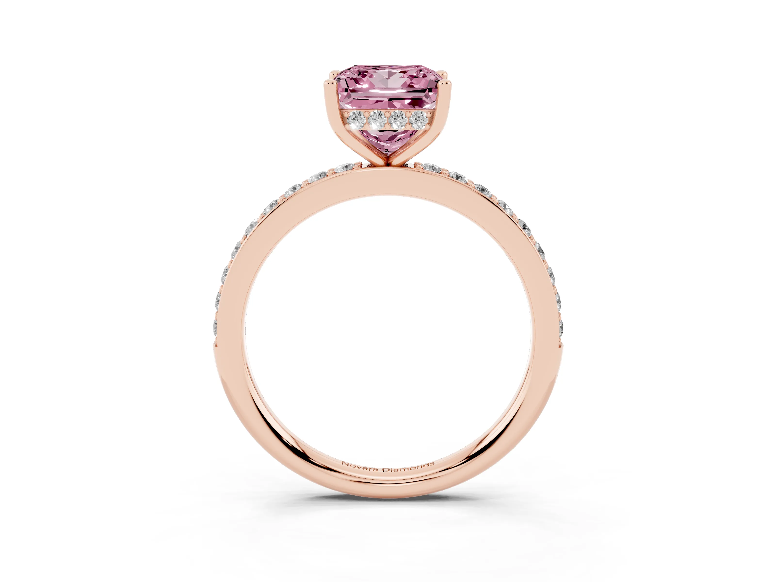 Fancy Pink Princess Cut Diamond Pavé Band Ring Set in Rose gold with Prong-Set Center Stone