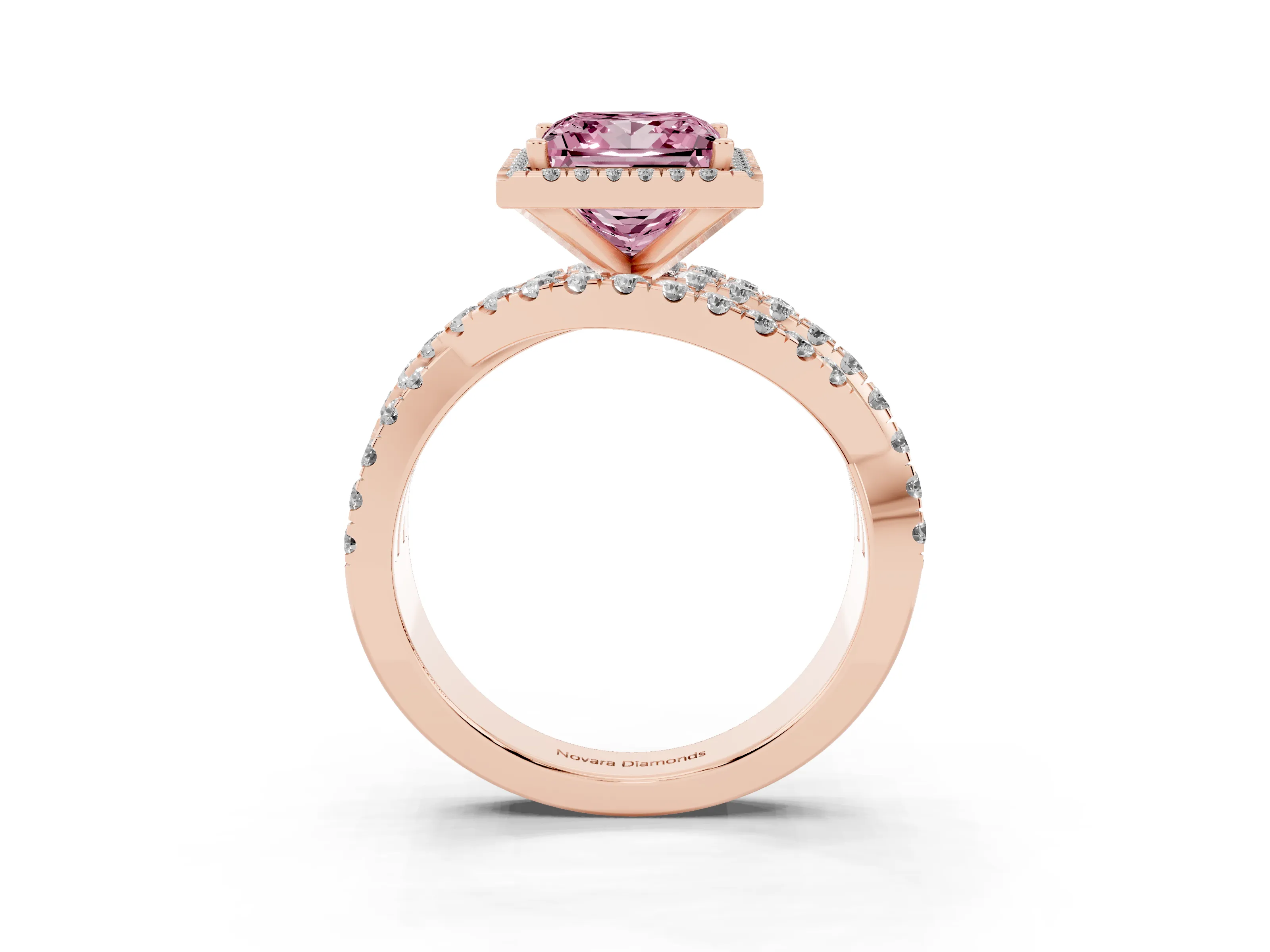 Fancy Pink Princess Cut Diamond Halo Ring Set in Rose gold with Round Crossover Split Shank and Prong Setting