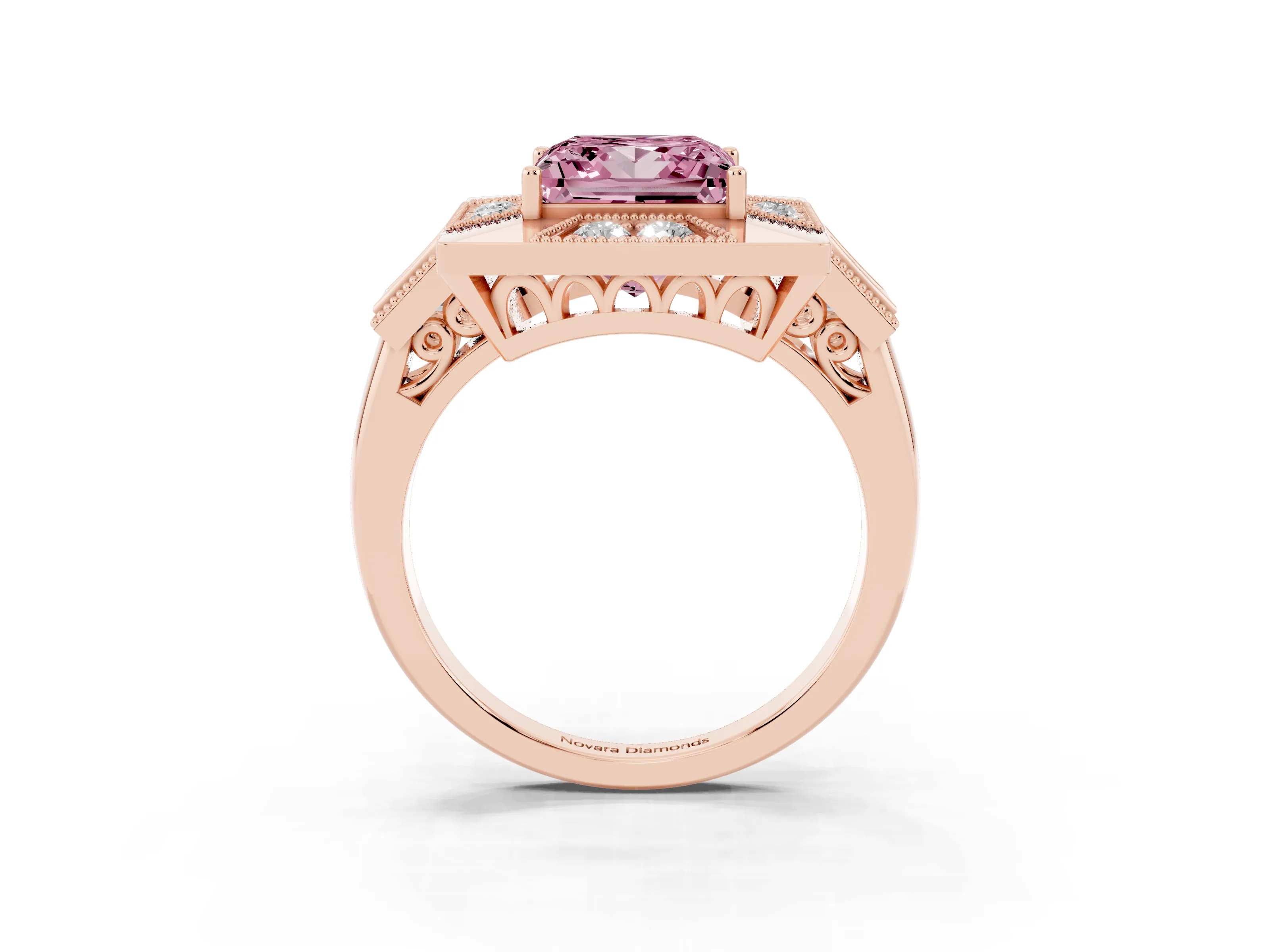 Fancy Pink Princess Cut Diamond Milgrain Halo Ring Set in Rose gold with Split Shank