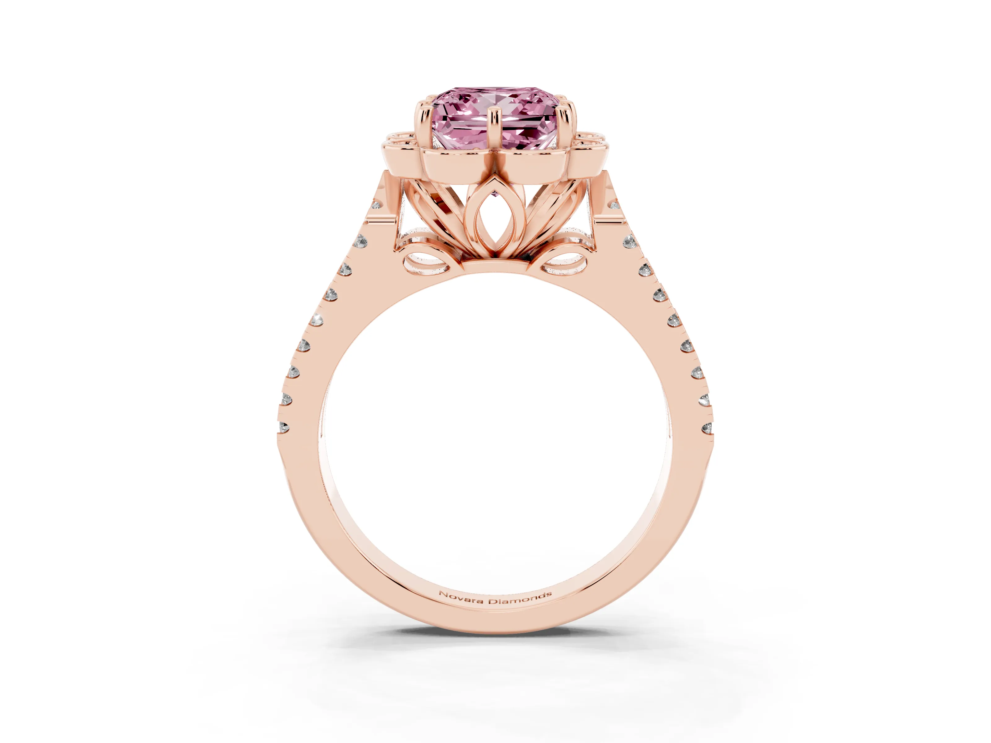 Fancy Pink Princess Cut Diamond Floral Halo Split Shank Engagement Ring Set in Rose gold with Pavé Shank