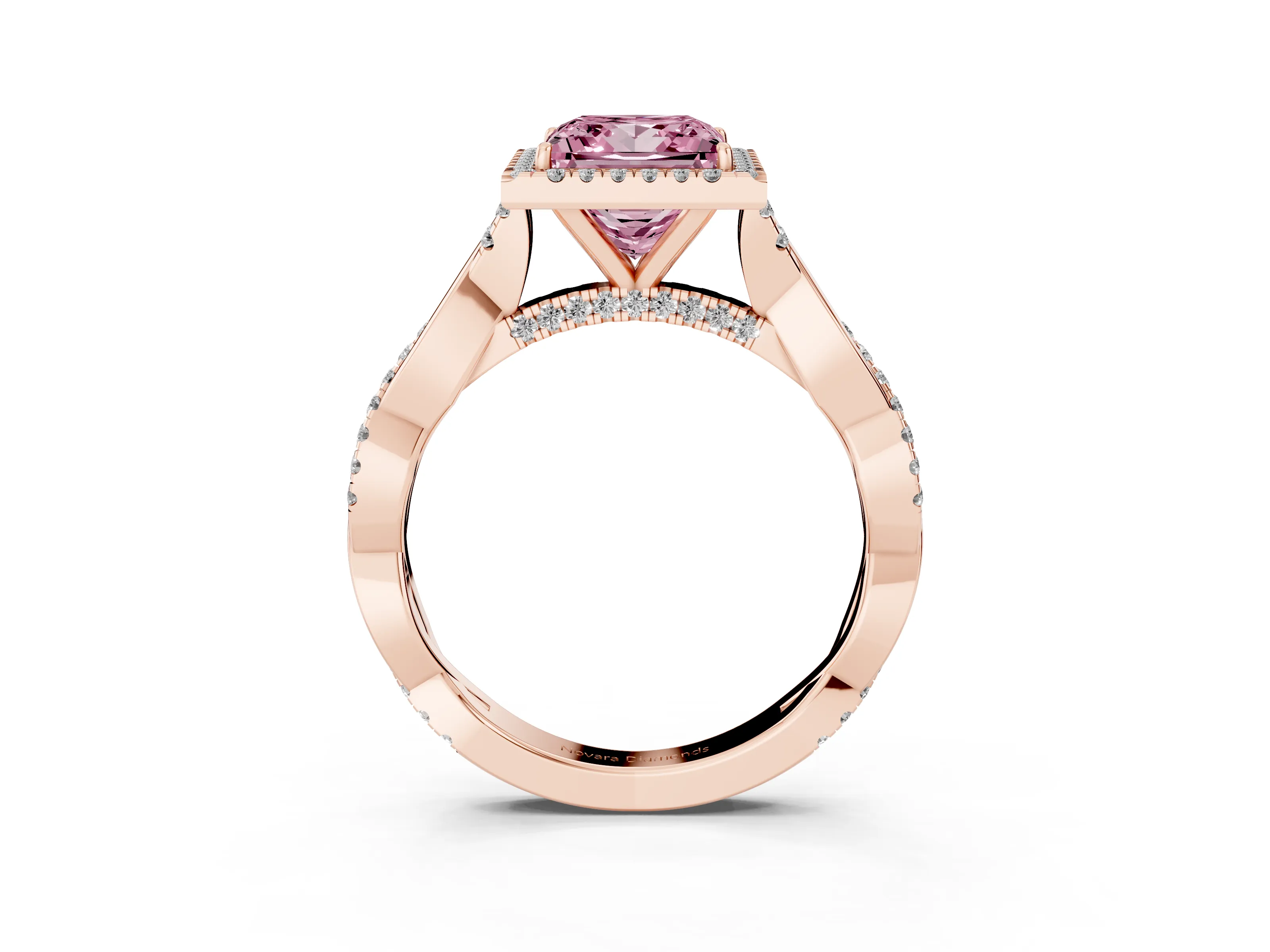 Fancy Pink Princess Cut Diamond Halo Twist Band Solitaire Ring Set in Rose gold with Prong Setting