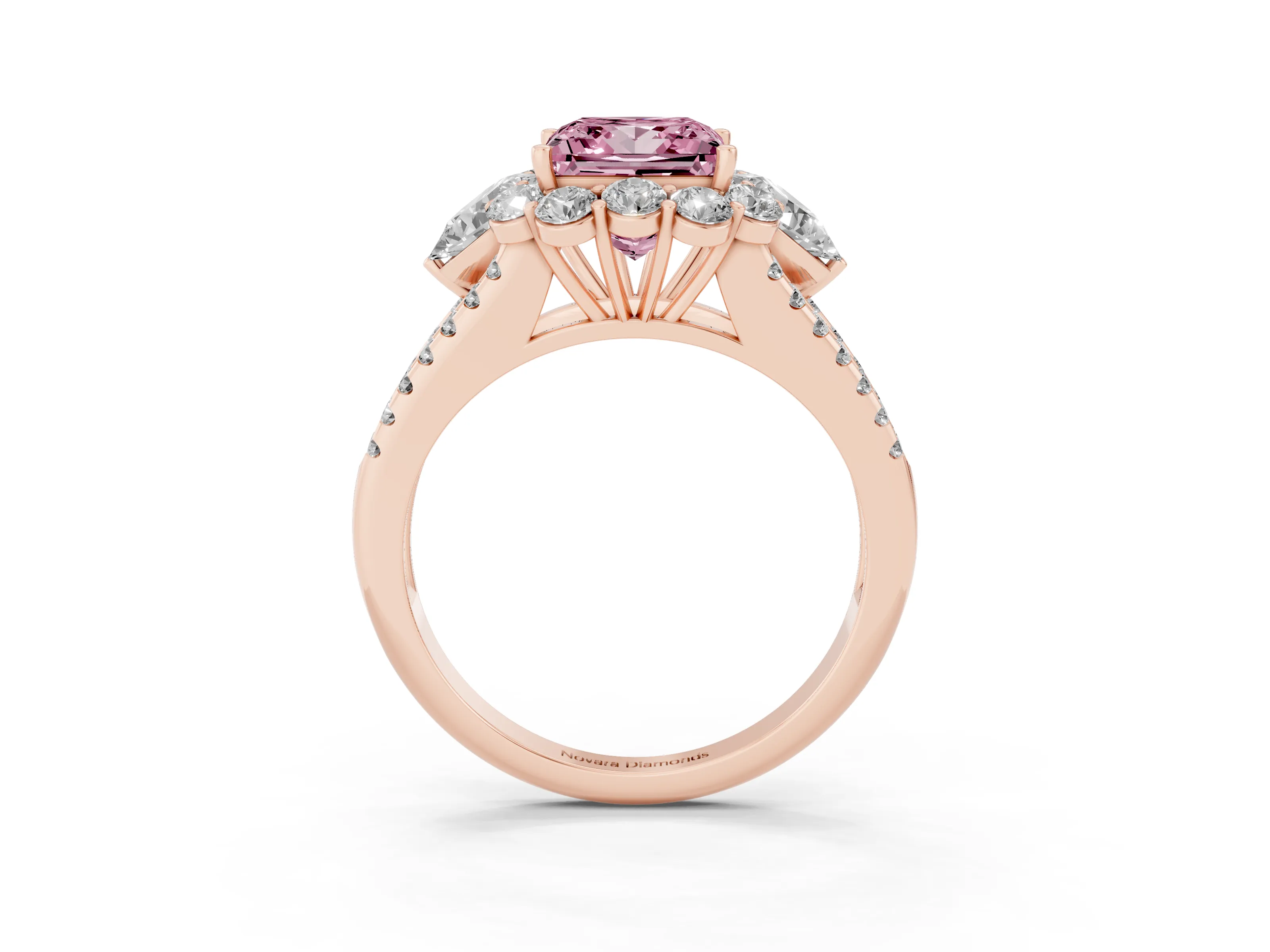 Fancy Pink Princess Cut Diamond Halo Split Shank Engagement Ring Set in Rose gold with Prong-Held Center Stone