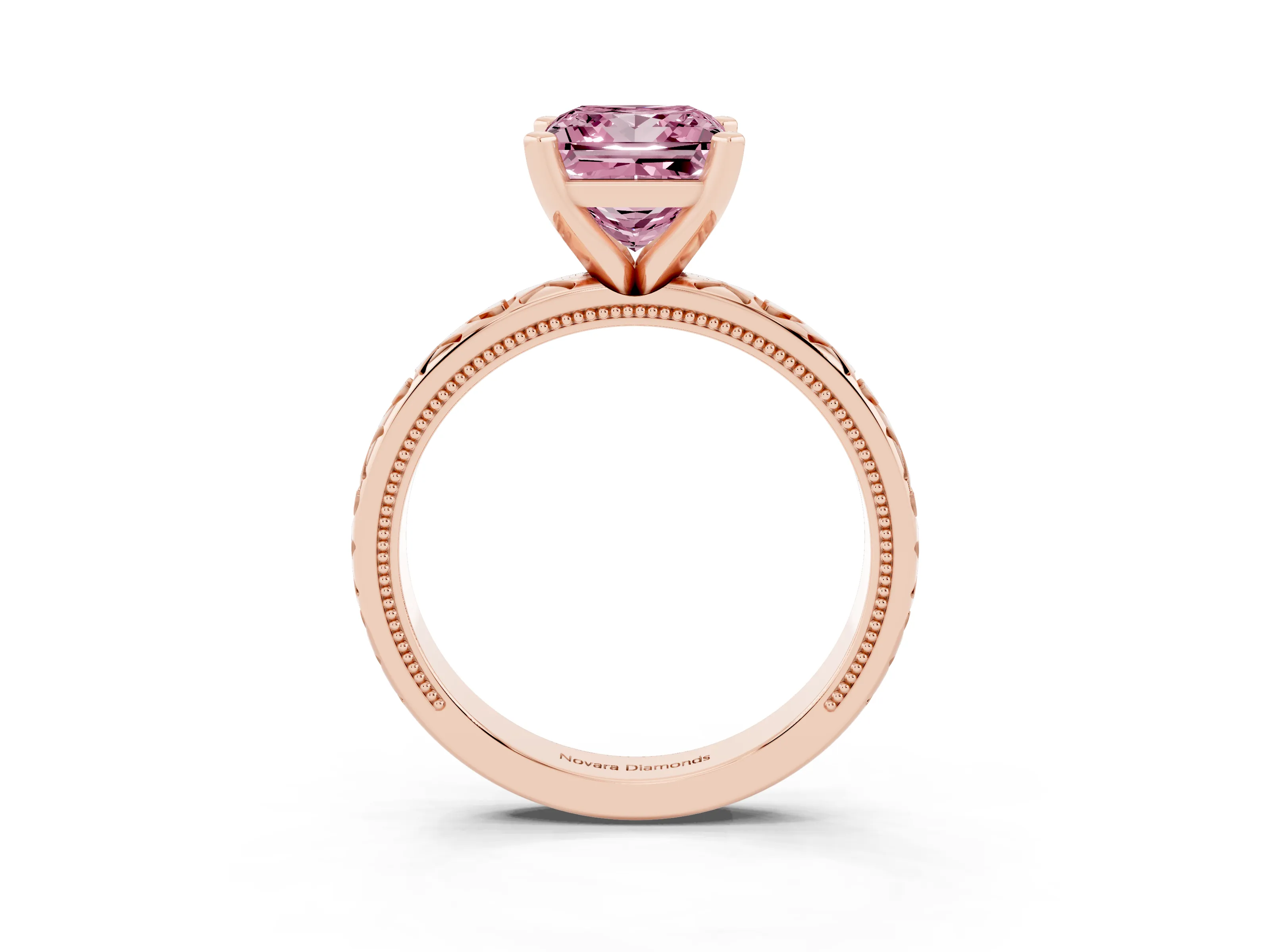 Fancy Pink Princess Cut Diamond Solitaire Engagement Ring Set in Rose gold with XO Engraved Band and Prong Setting