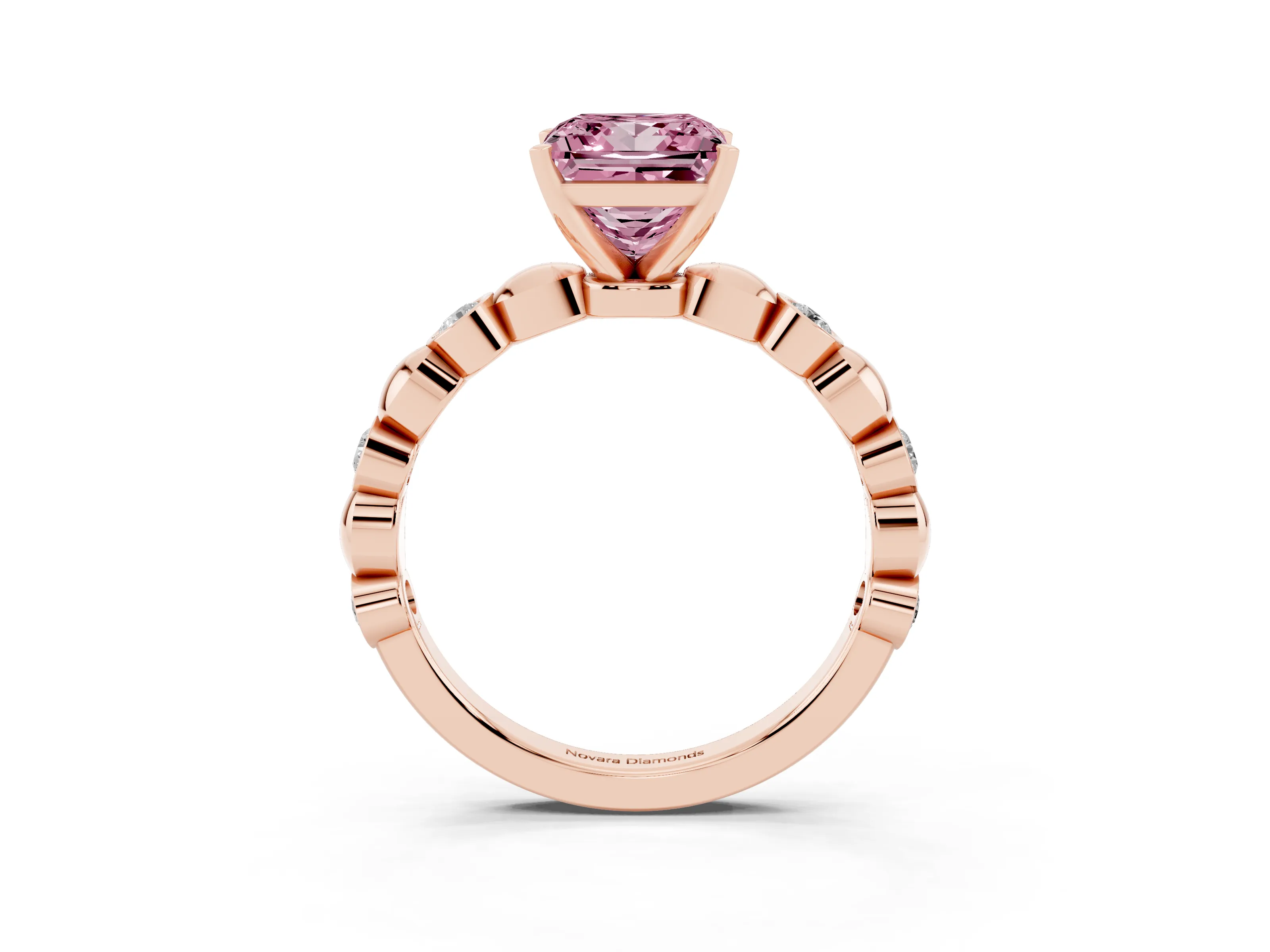 Fancy Pink Princess Cut Diamond Solitaire Ring Set in Rose gold with Bezel-Set Accents on Beaded Band and Prong Setting