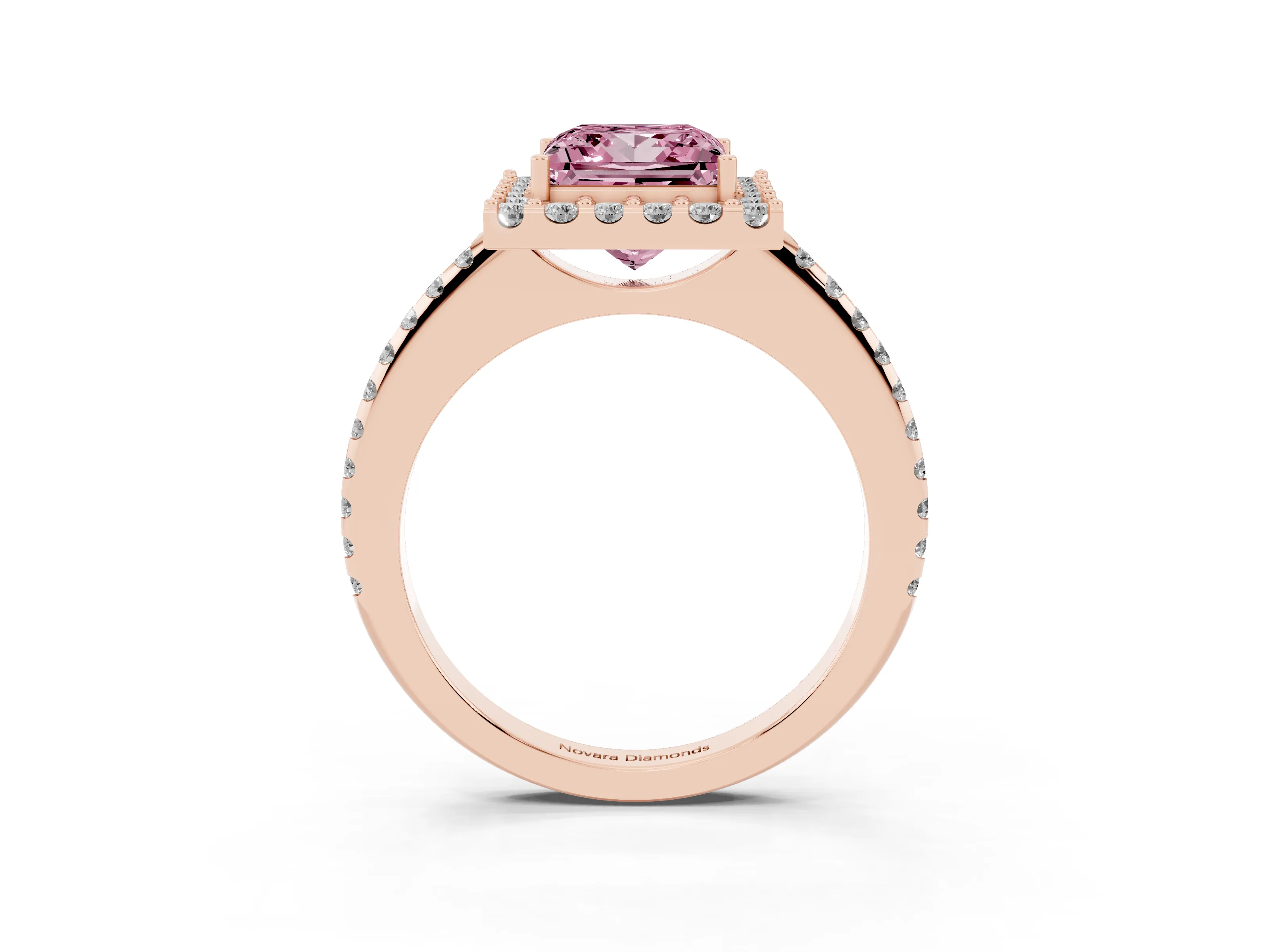 Fancy Pink Princess Cut Diamond Pavé Halo Ring Set in Rose gold with Prong Setting
