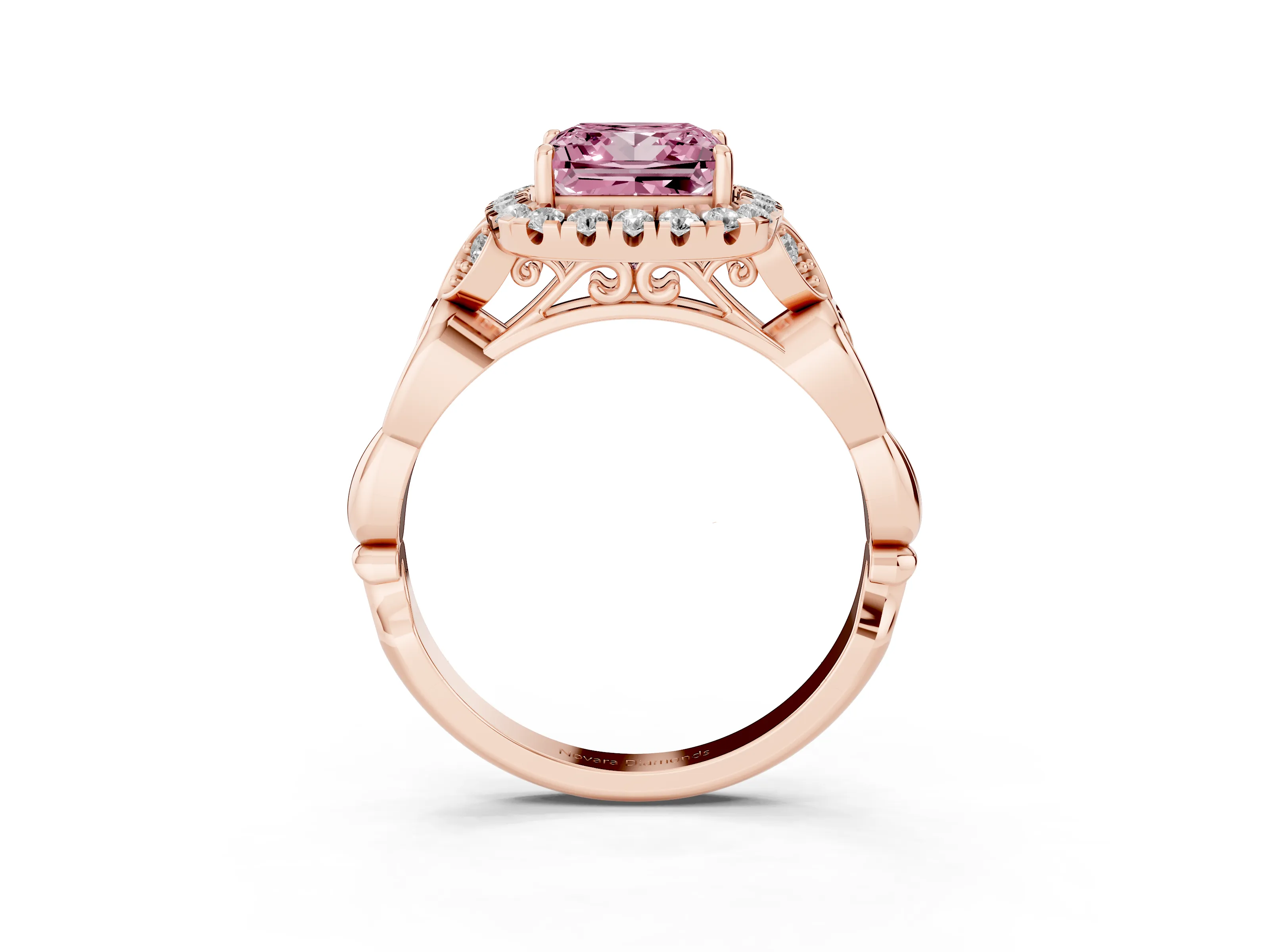 Fancy Pink Princess Cut Diamond Halo Engagement Ring Set in Rose gold with Vintage-Inspired Band and Prong Setting
