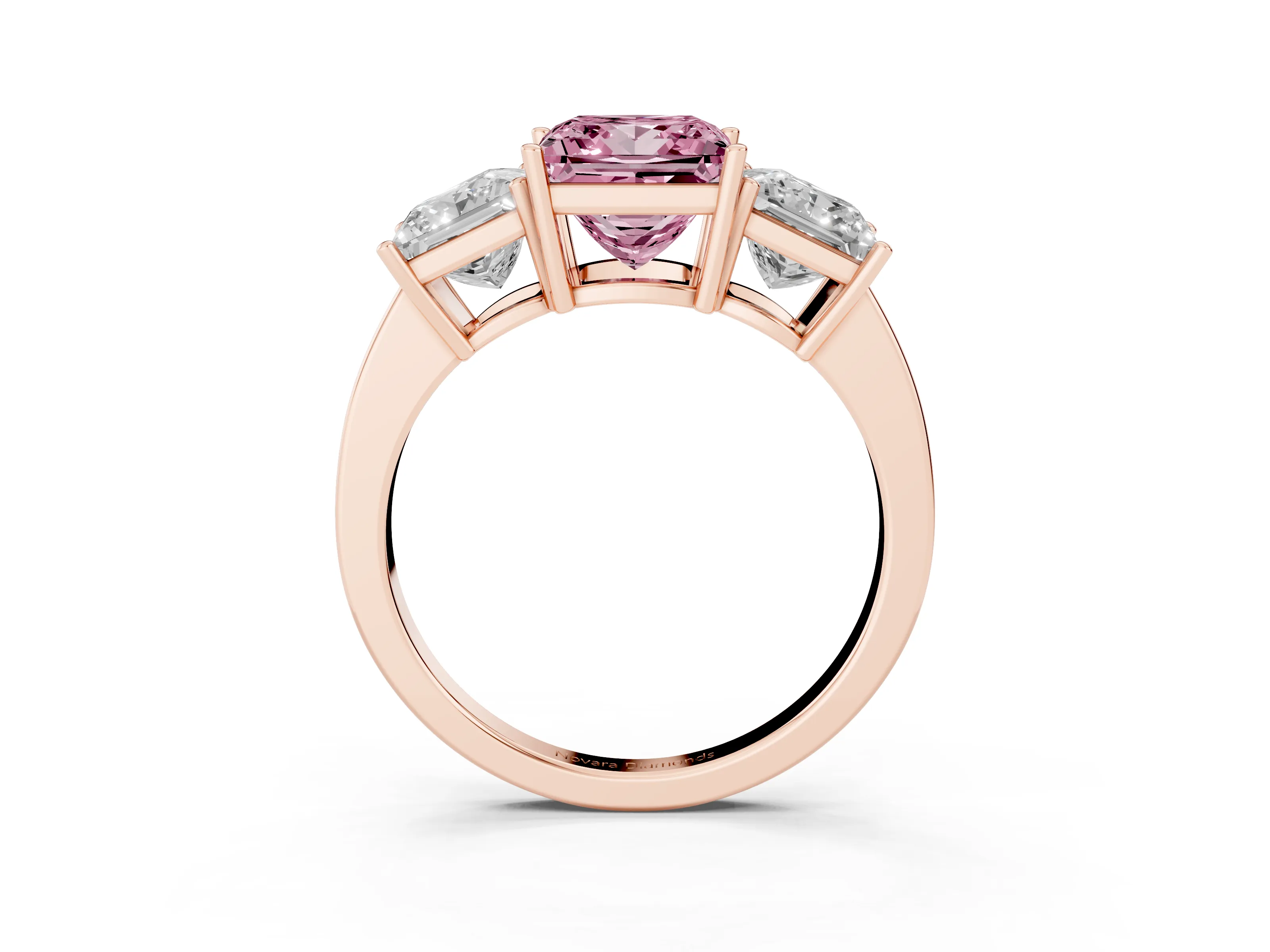 Fancy Pink Princess Cut Diamond Three-Stone Engagement Ring Set in Rose gold with Flat Band