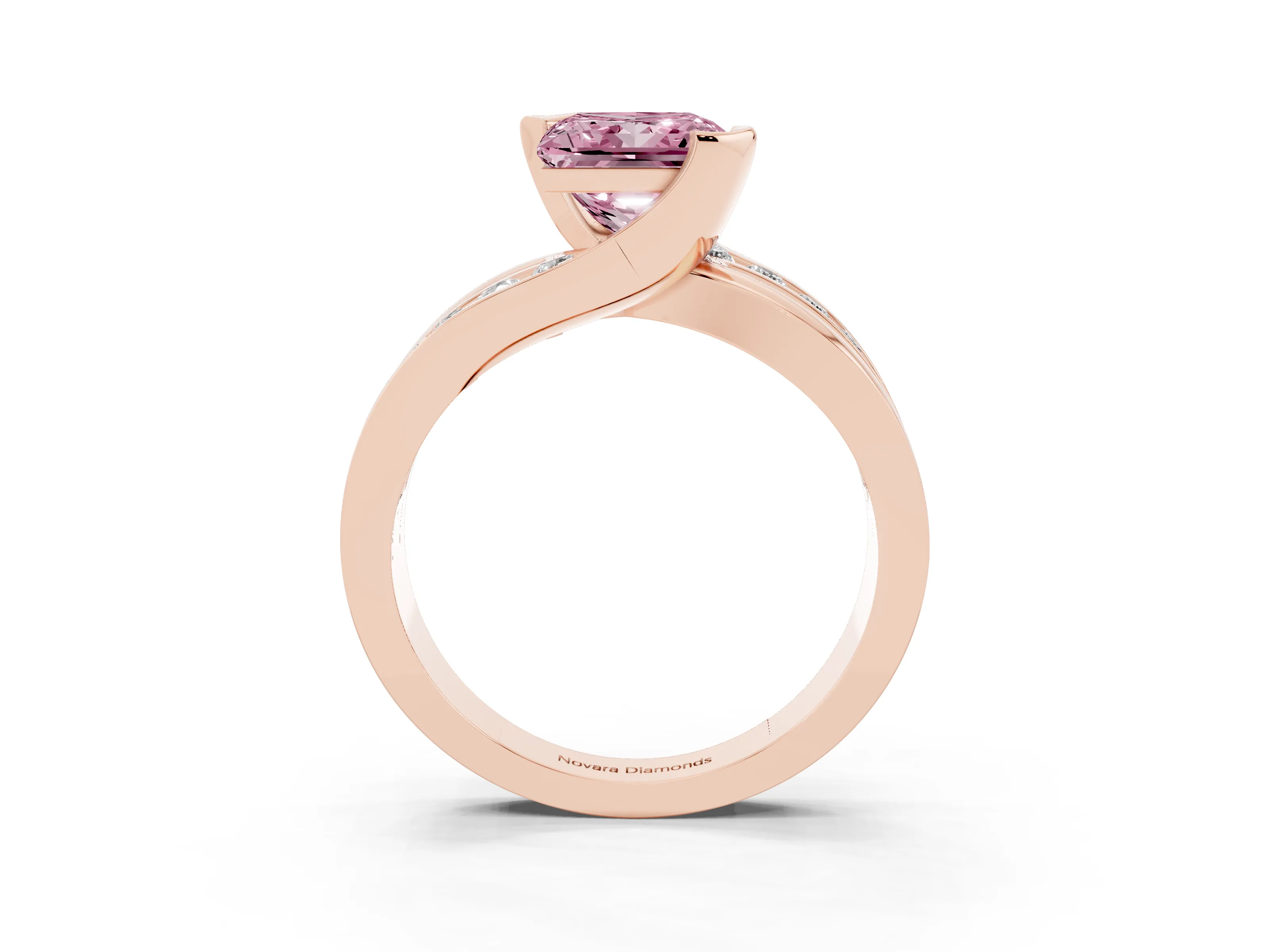 Fancy Pink Princess Cut Diamond Solitaire Ring Set in Rose gold with Channel Set Split Shank and Tension Prongs