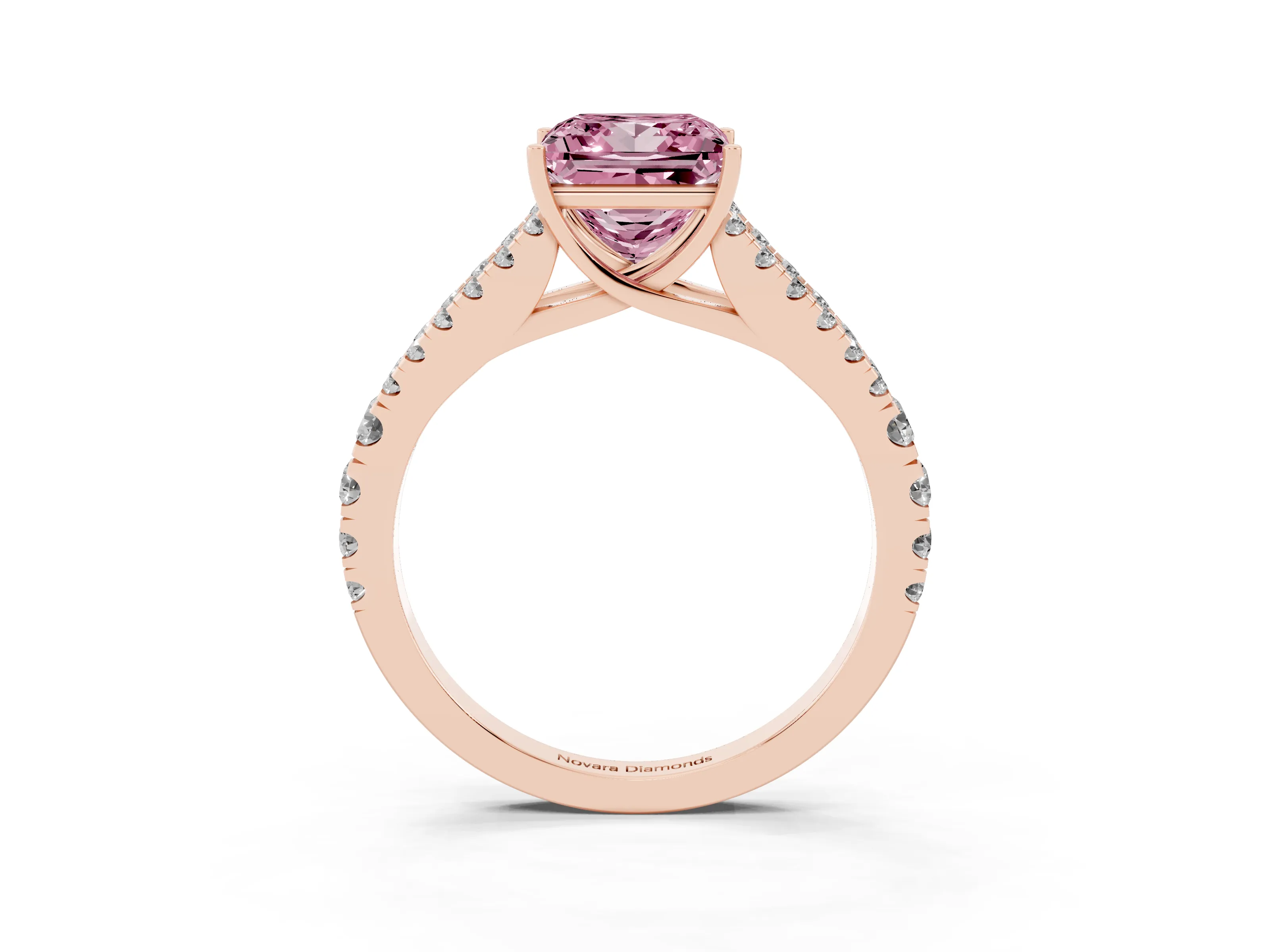 Fancy Pink Princess Cut Diamond Split Shank Pavé Engagement Ring Set in Rose gold with Prong-Held Center Stone