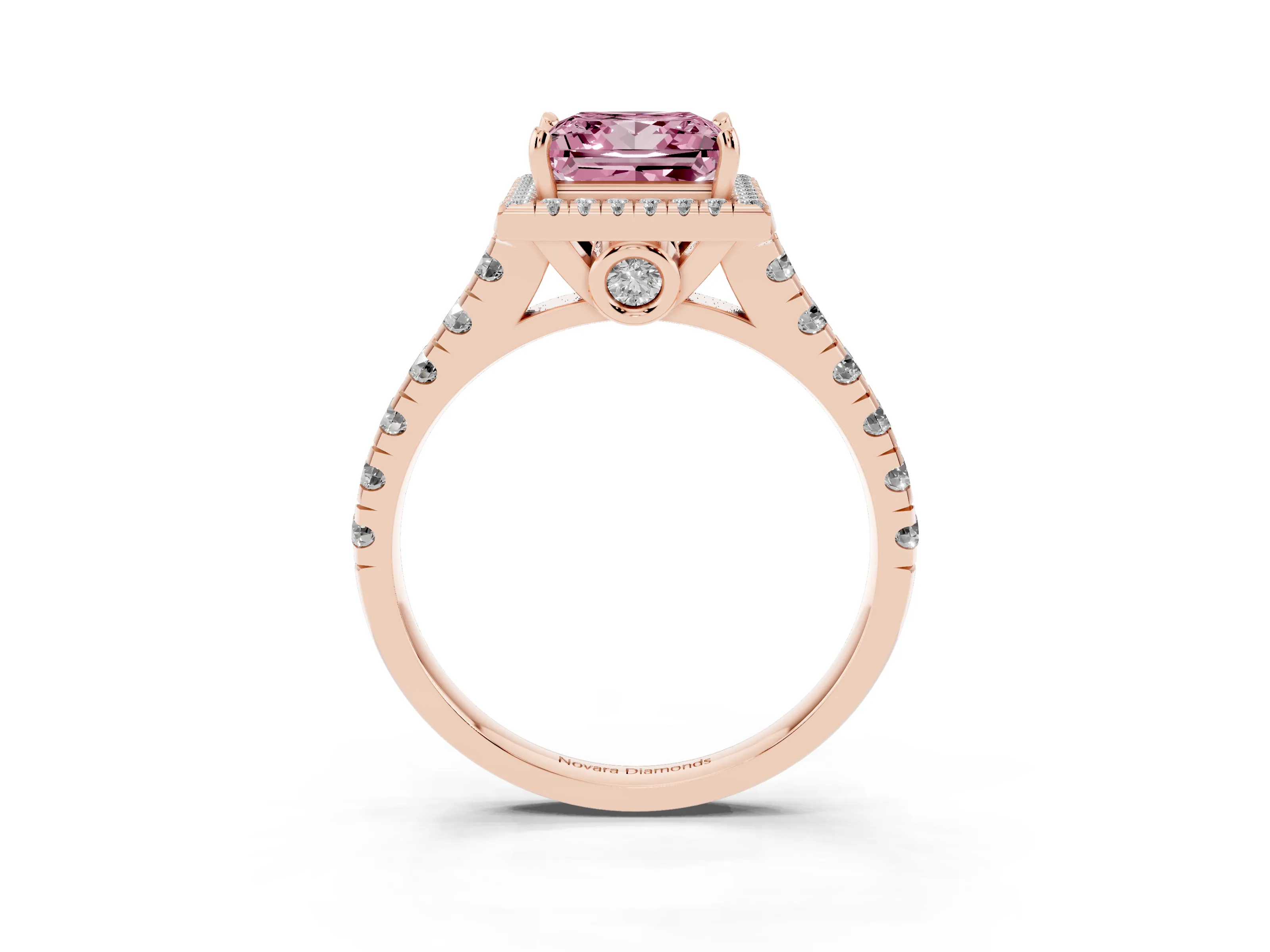 Fancy Pink Princess Cut Diamond Halo Engagement Ring Set in Rose gold with Pavé Band and Prong-Set Center