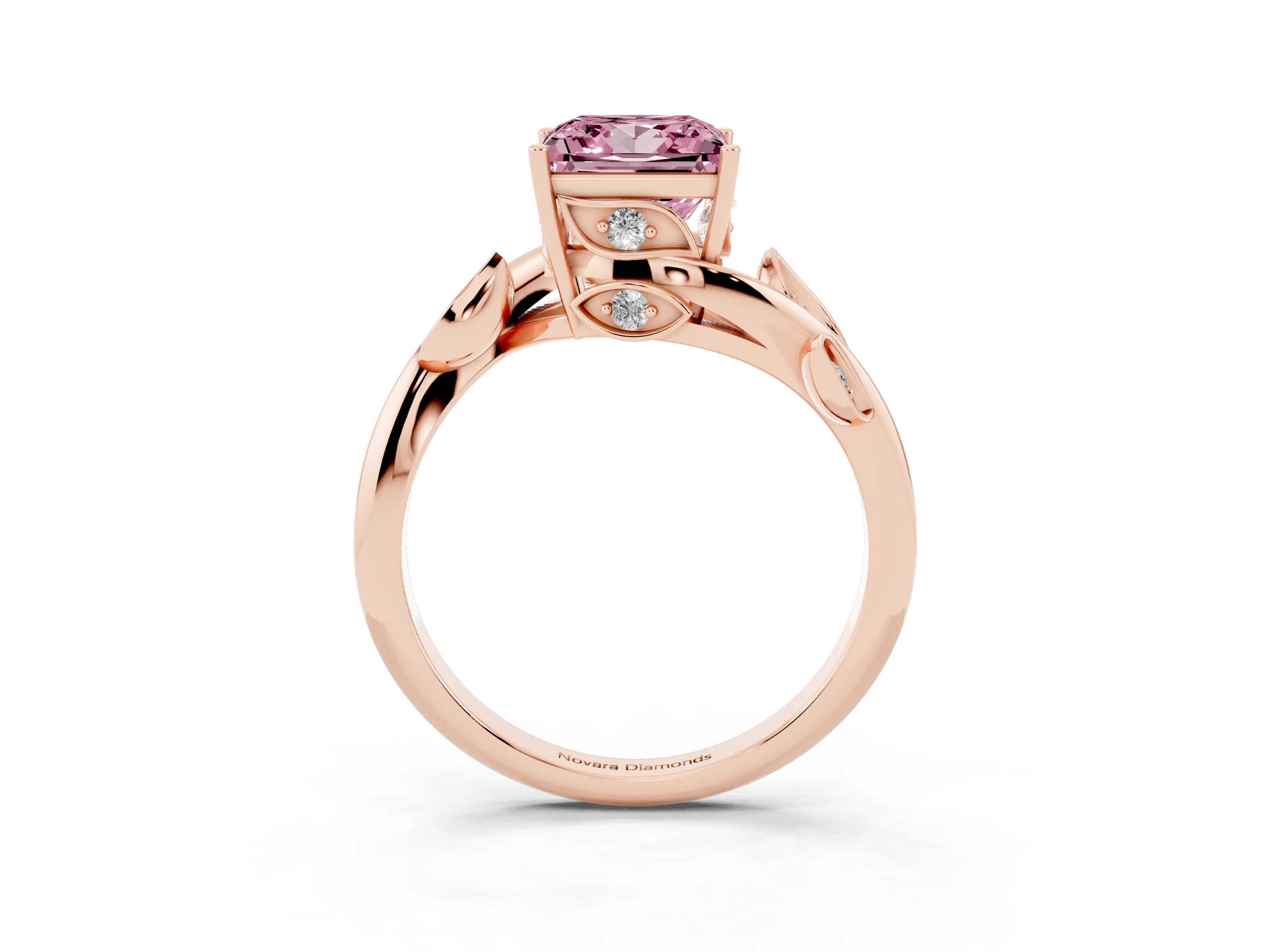 Fancy Pink Princess Cut Diamond Solitaire Twist Engagement Ring Set in Rose gold with Pavé Leaf Accents