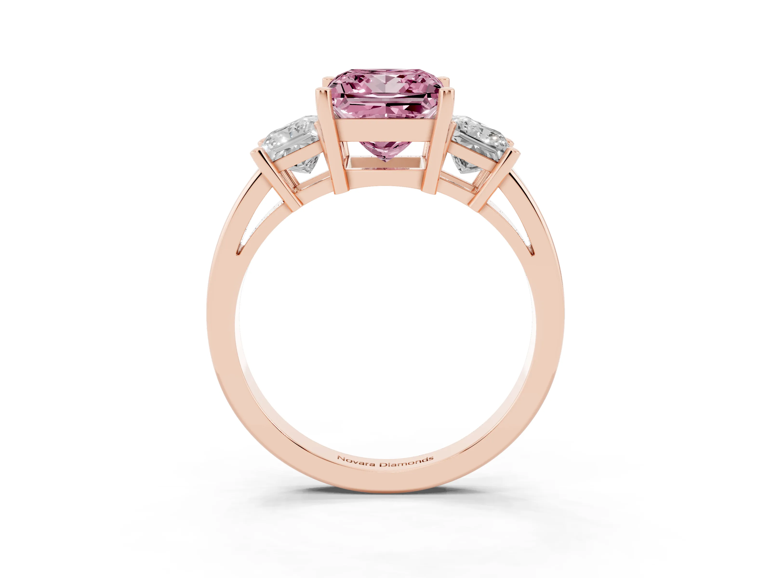 Fancy Pink Three-Stone Princess Cut Diamond Solitaire Ring Set in Rose gold with Prong Setting