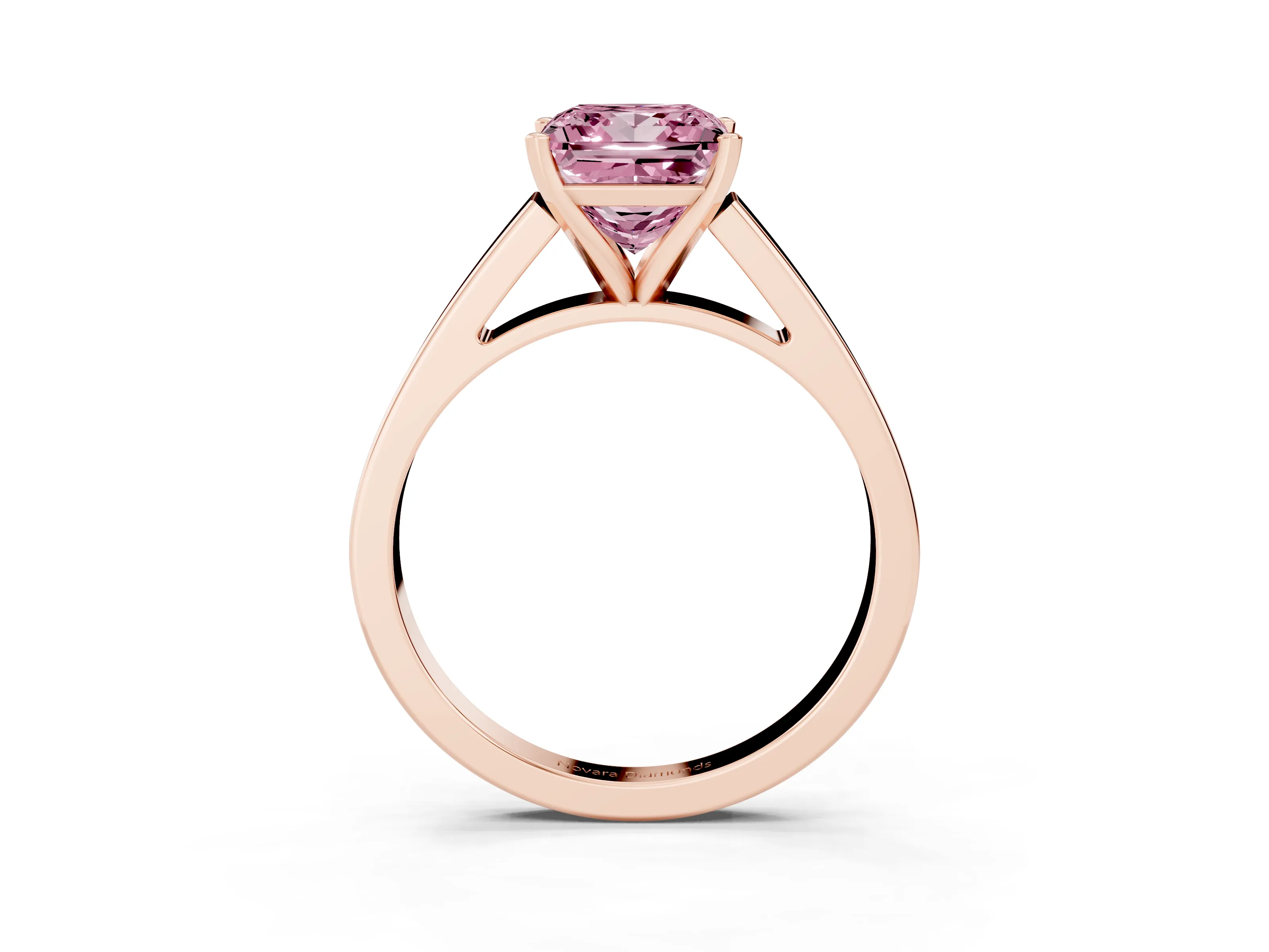 Fancy Pink Princess Cut Diamond Solitaire Engagement Ring Set in Rose gold with Prong Setting and Tapered Band
