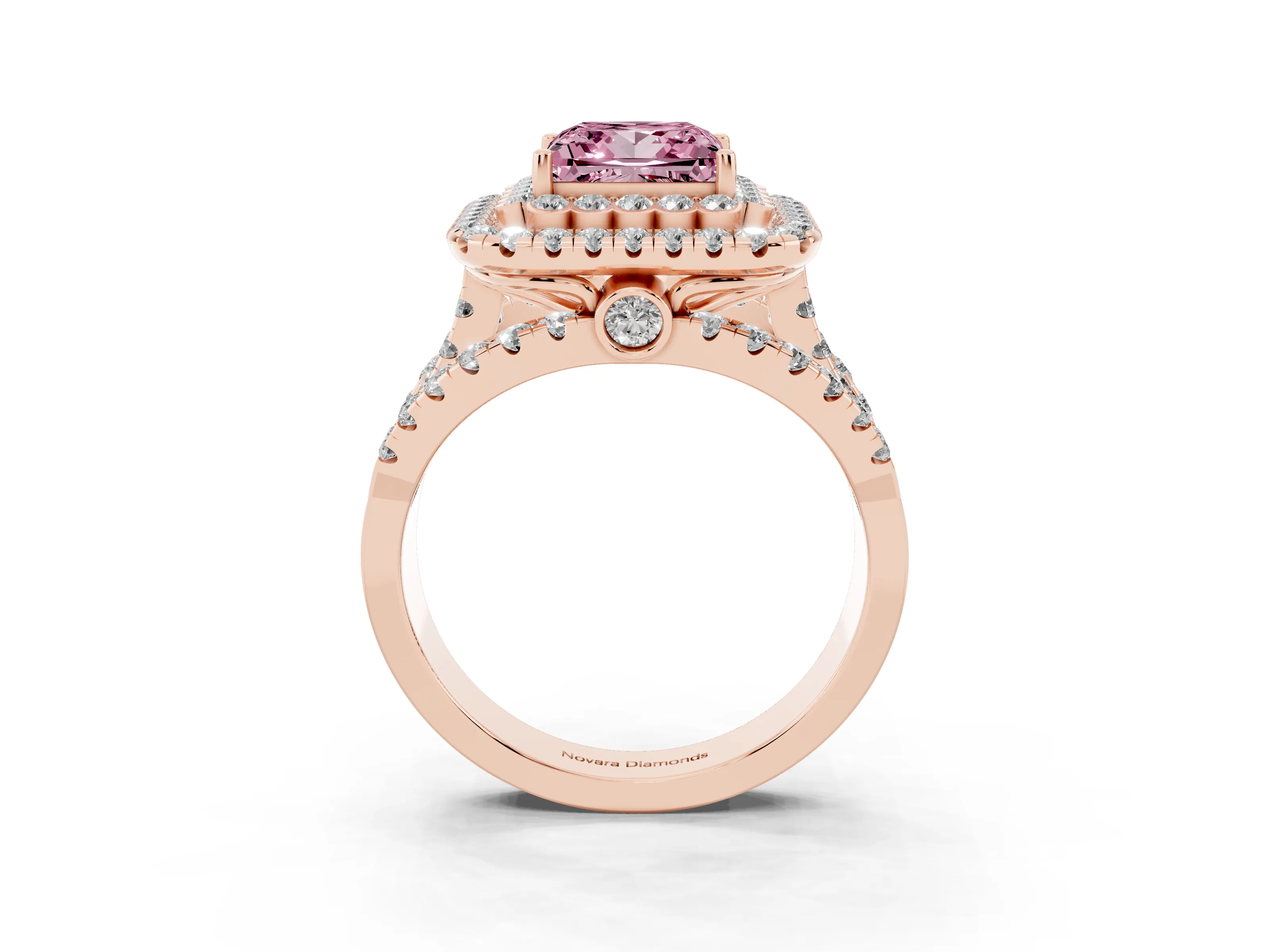 Fancy Pink Princess Cut Diamond Double Halo Ring Set in Rose gold with Round Pavé Split Shank