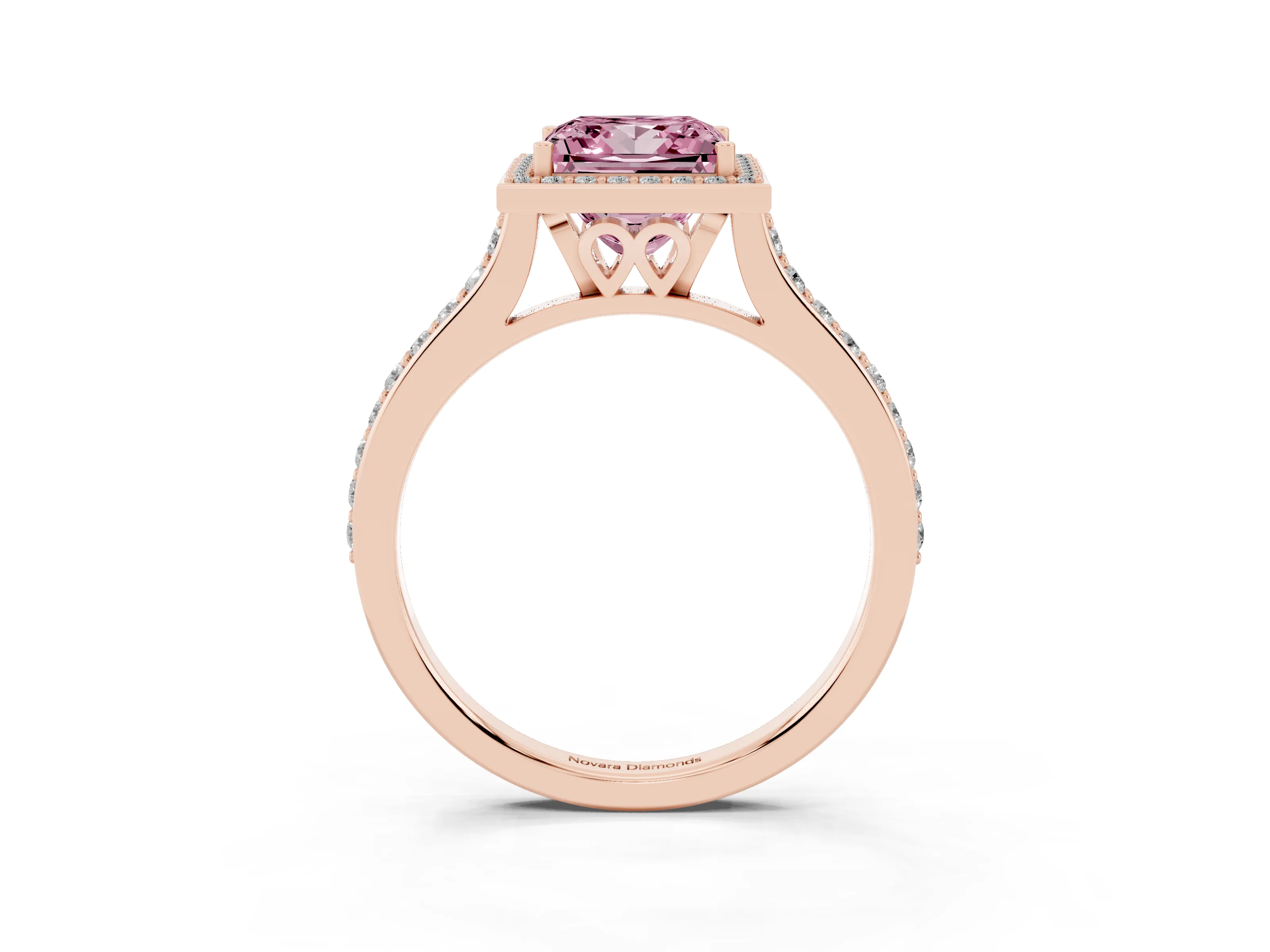 Fancy Pink Princess Cut Diamond Halo Engagement Ring Set in Rose gold with Round Pavé Shoulders and Heart Gallery