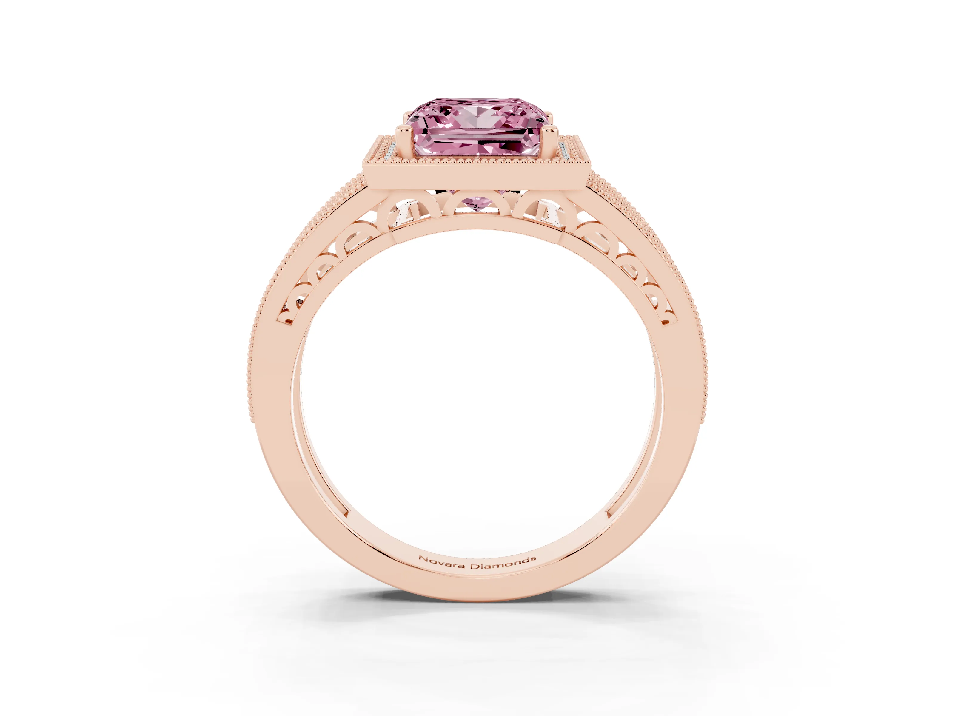 Fancy Pink Princess Cut Diamond Halo Ring Set in Rose gold with Accent Split Shank and Prong Setting