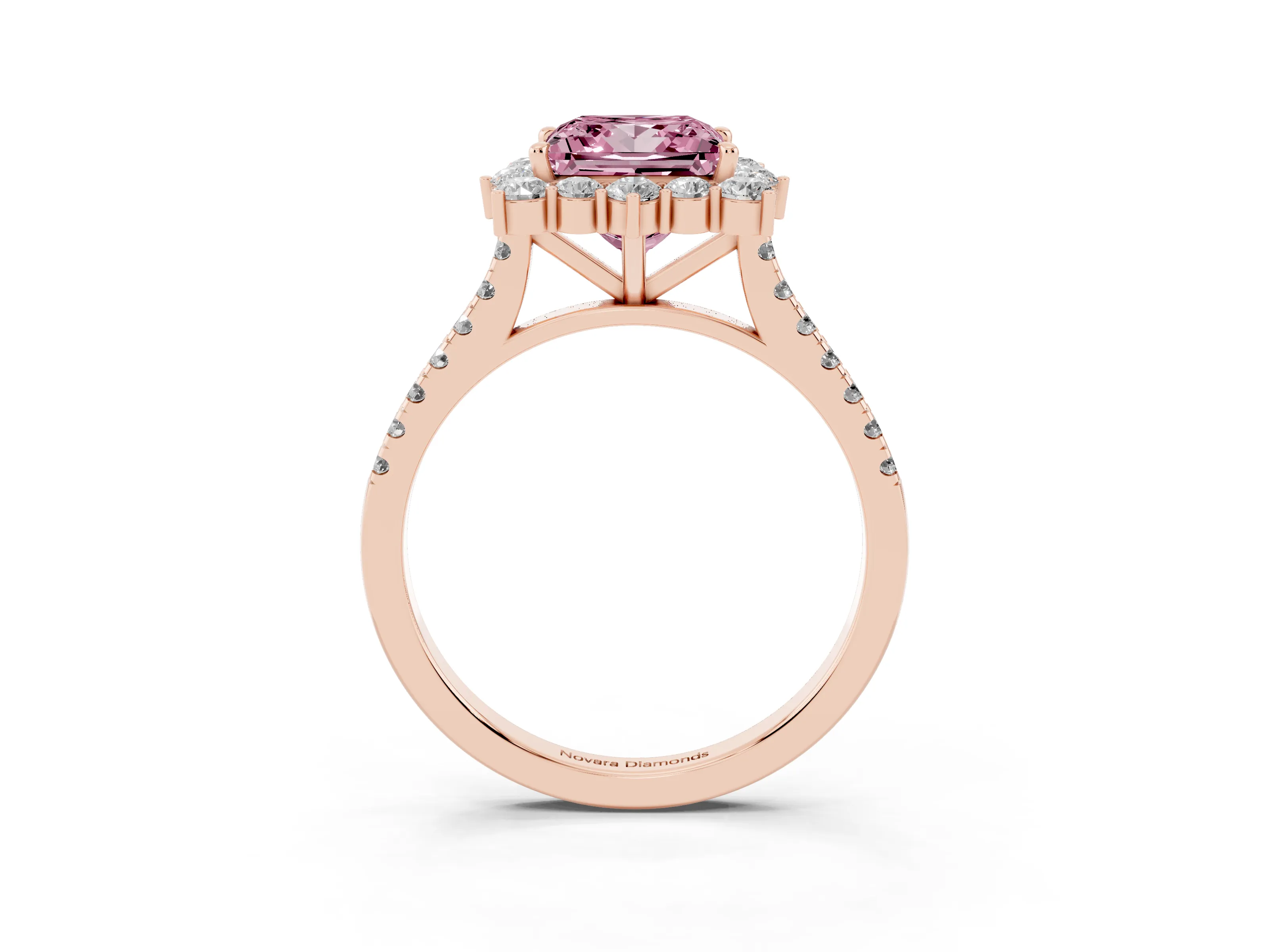 Fancy Pink Princess Cut Diamond Halo Ring Set in Rose gold with Pavé Band and Prong Setting
