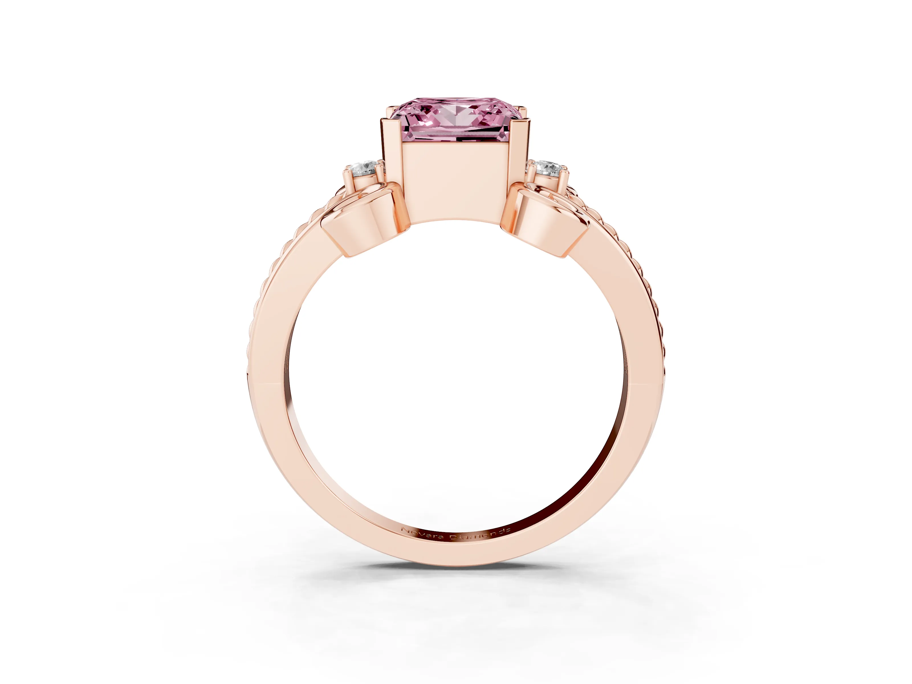 Fancy Pink Princess Cut Diamond Twisted Band Solitaire Ring Set in Rose gold with Scroll Prongs