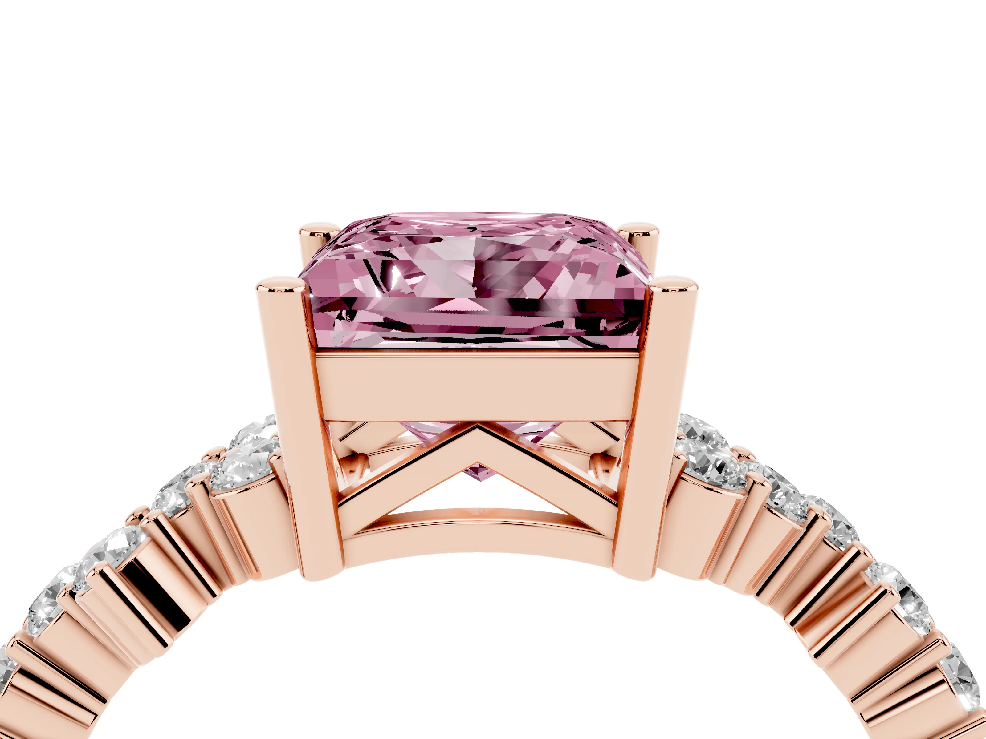 Fancy Pink Princess Cut Diamond Ring Set in Rose gold with Scattered Round Accents