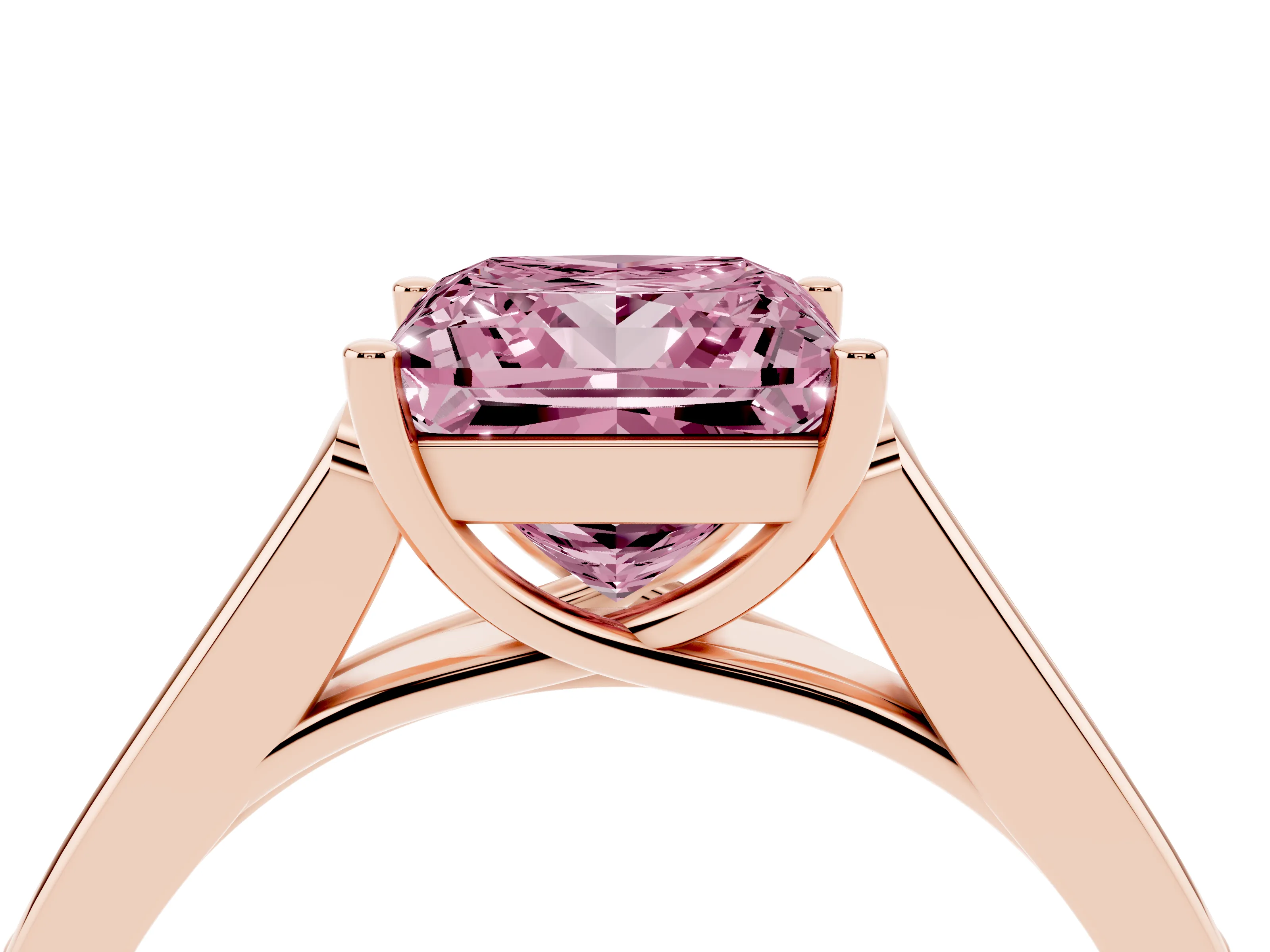 Fancy Pink Princess Cut Diamond Solitaire Cathedral Engagement Ring Set in Rose gold with Channel-Set Band and Prong Setting