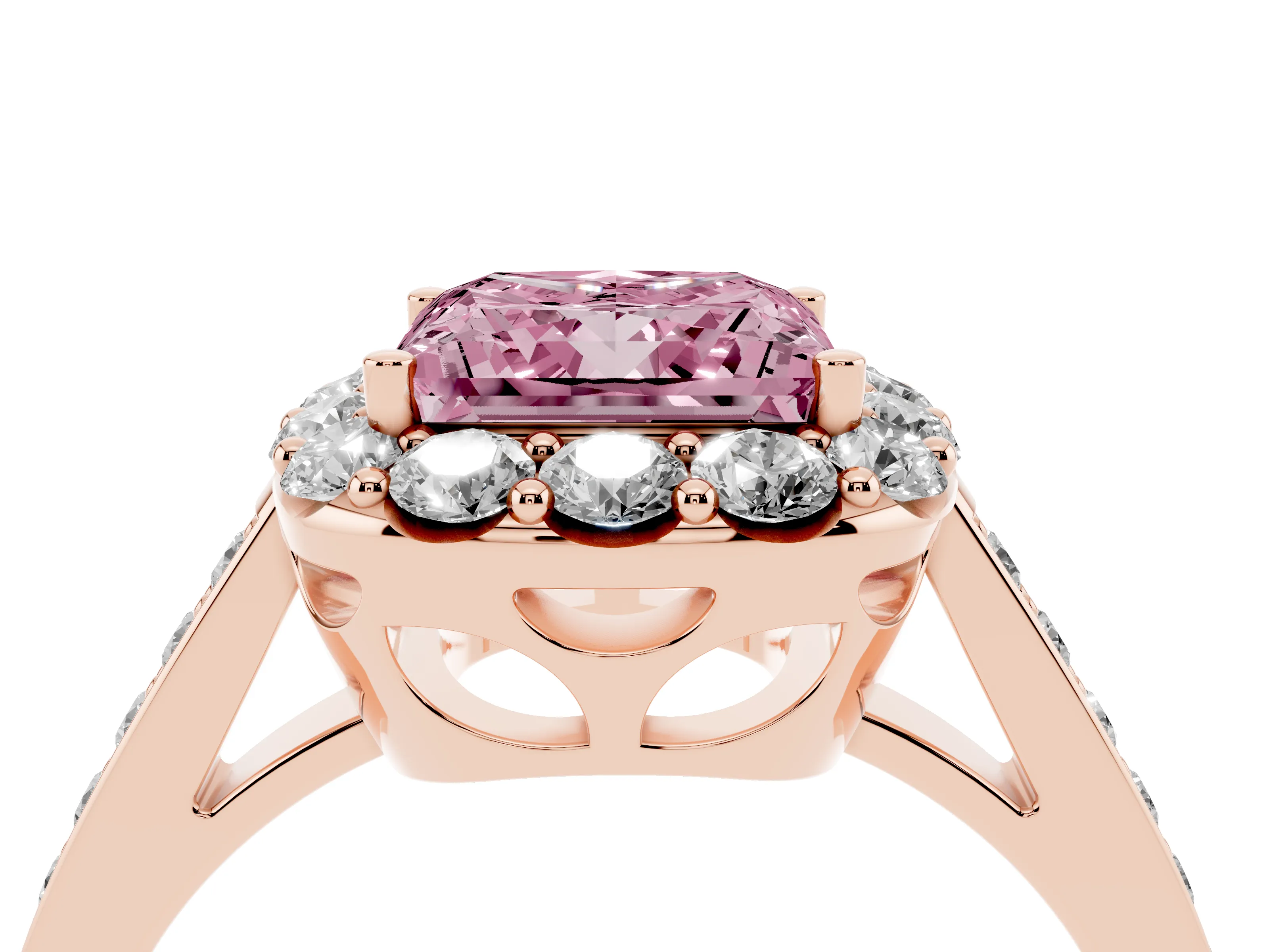 Fancy Pink Princess Cut Diamond Floral Halo Ring Set in Rose gold with Pavé Band and Prong Setting