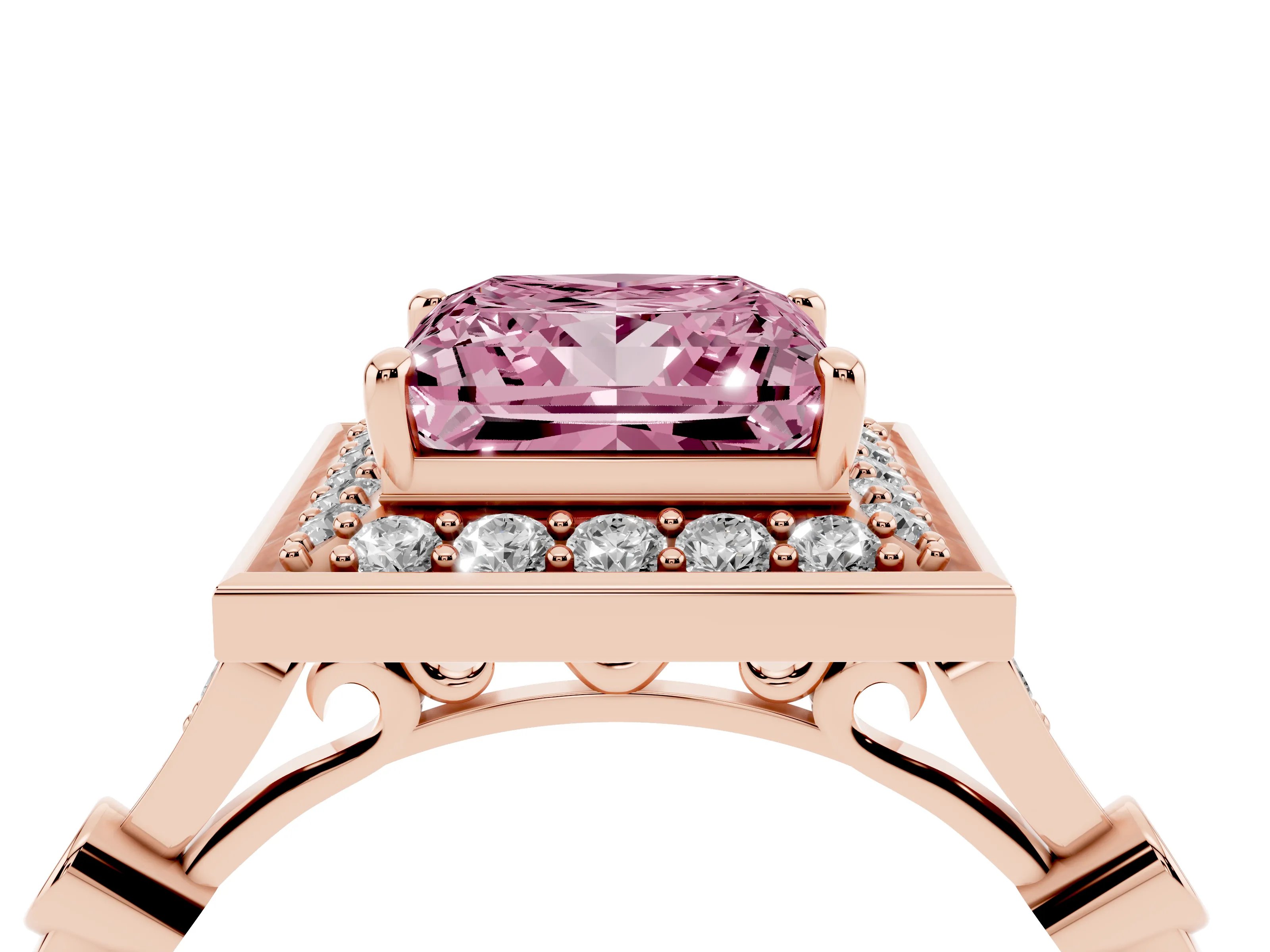 Fancy Pink Princess Cut Diamond Halo Engagement Ring Set in Rose gold with Twisted Band and Prong Setting