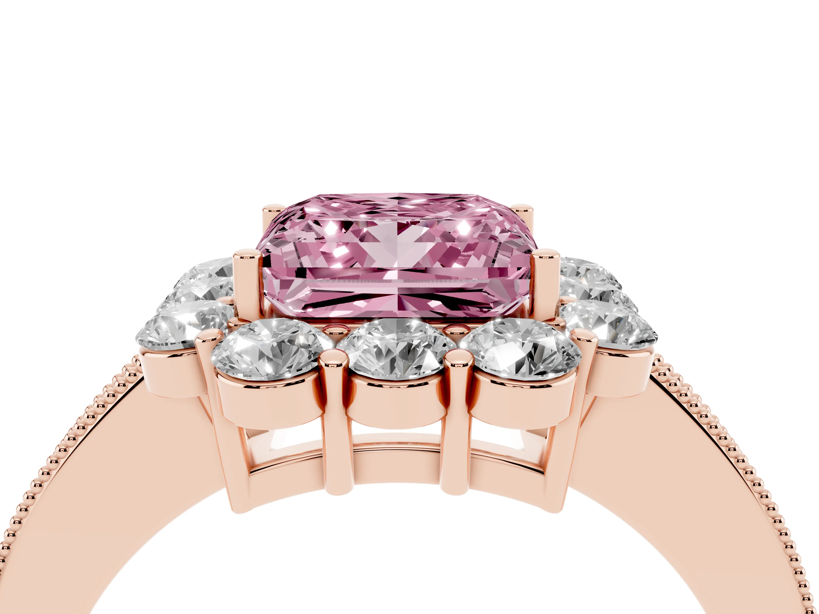 Fancy Pink Princess Cut Diamond Halo Pavé Engagement Ring Set in Rose gold with Milgrain Detailing