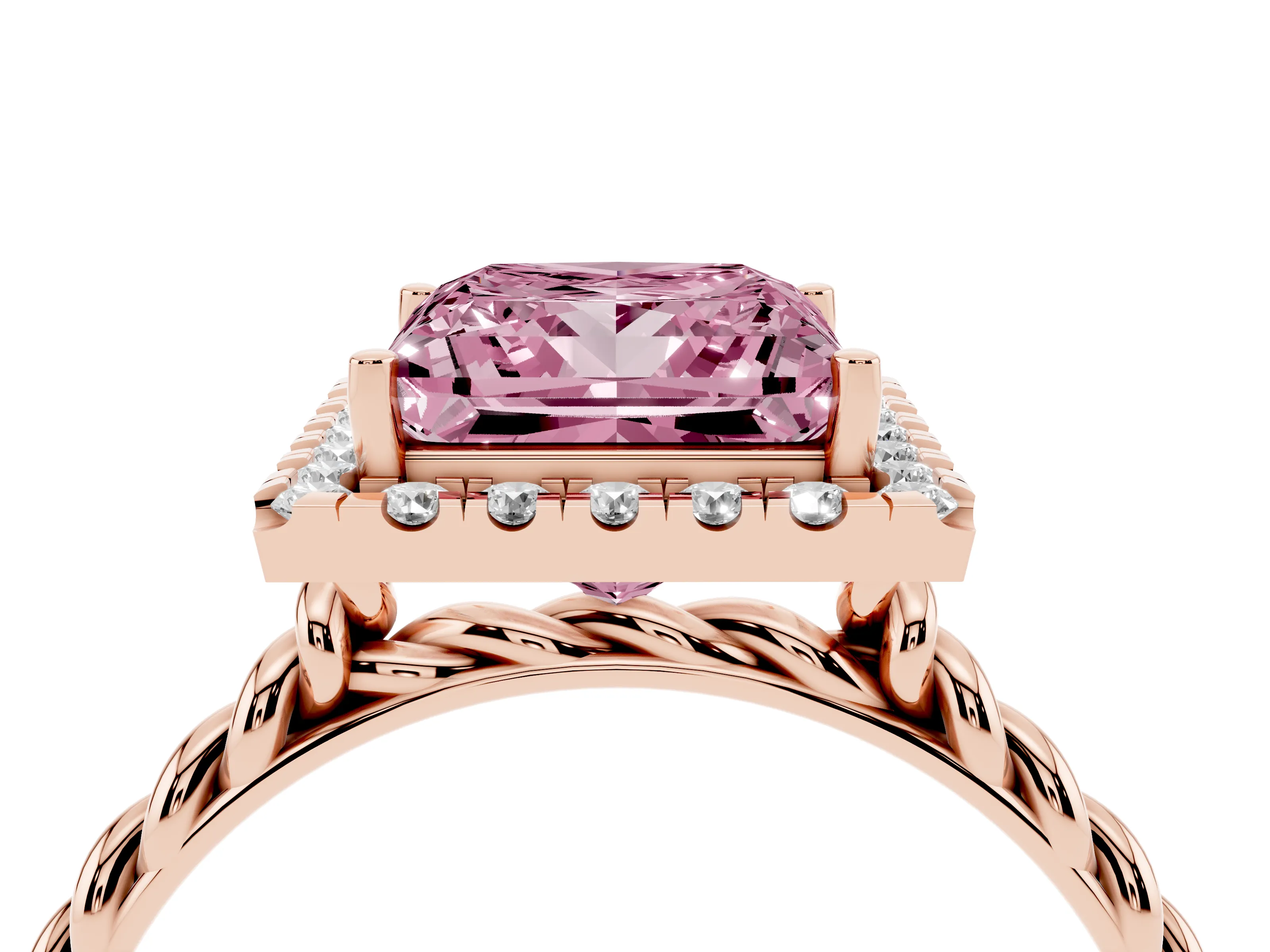 Fancy Pink Princess Cut Diamond Halo Ring Set in Rose gold with Plain Twisted Band