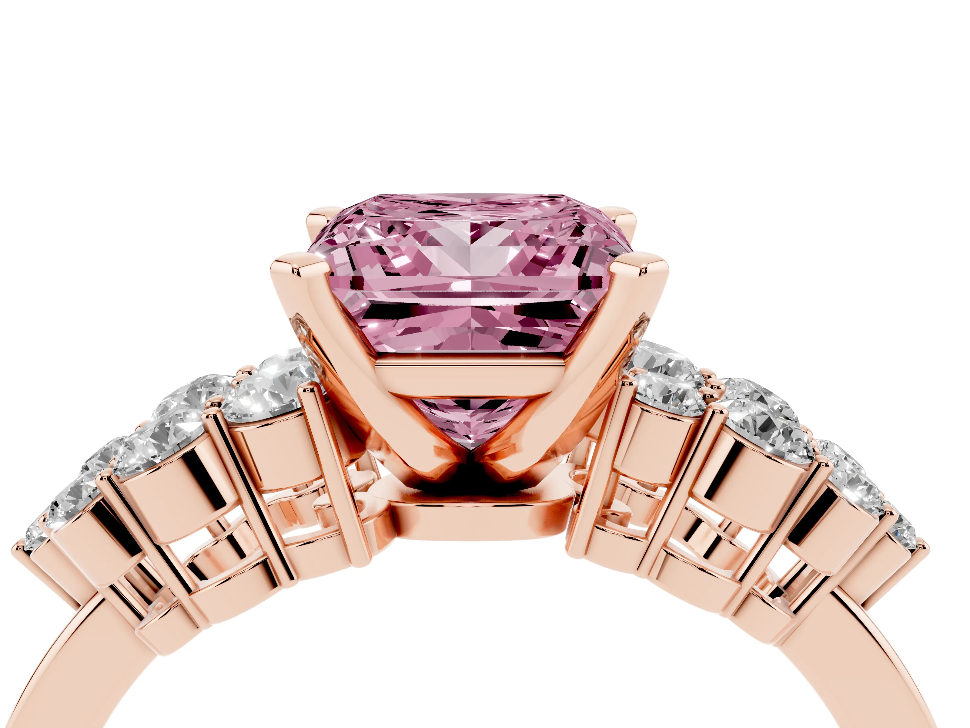 Fancy Pink Princess Cut Diamond Cluster Engagement Ring Set in Rose gold with Pavé Band and Prong Setting