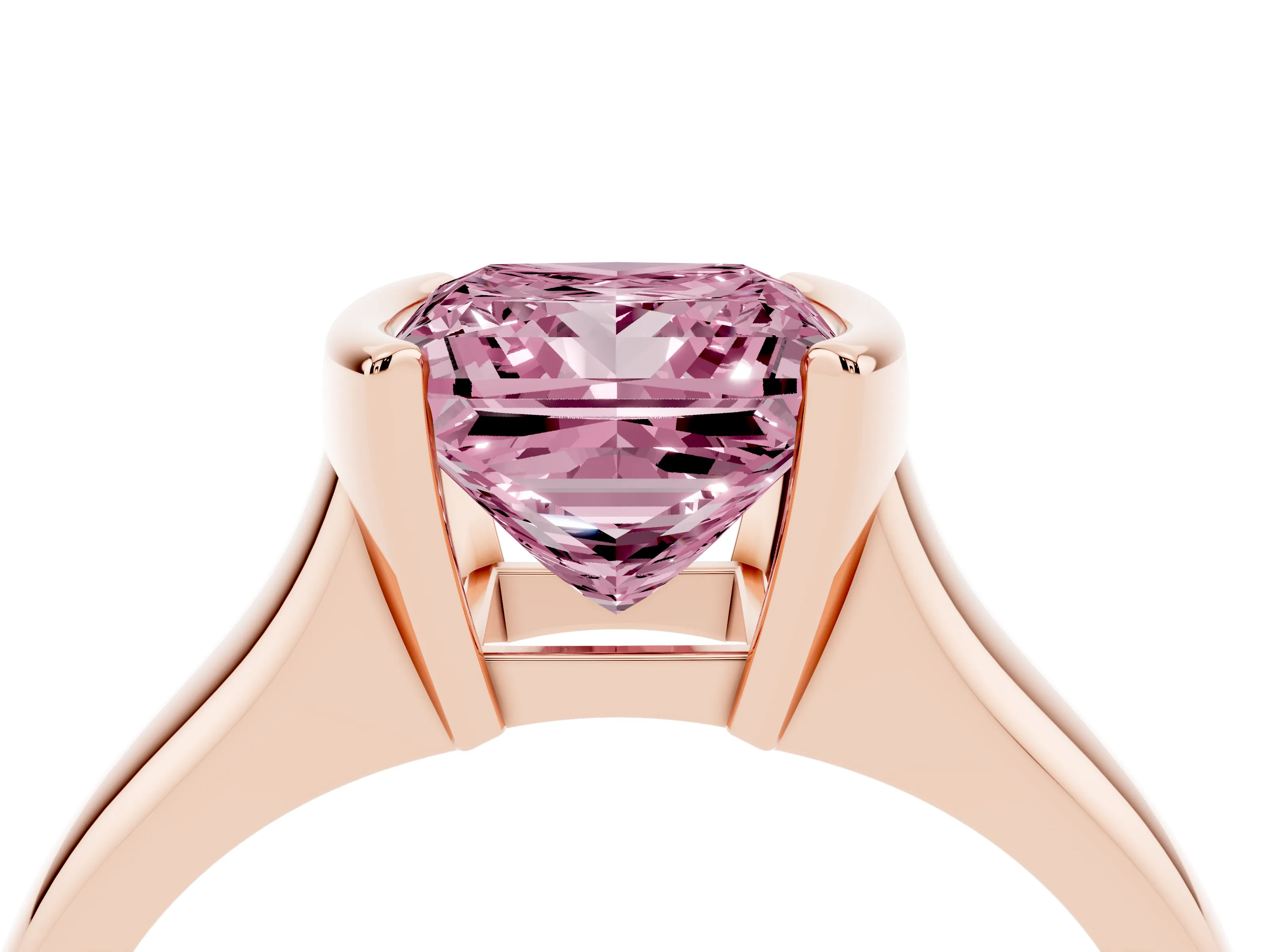 Fancy Pink Princess Cut Diamond Solitaire Tension Set Ring Set in Rose gold with Split Shank Band