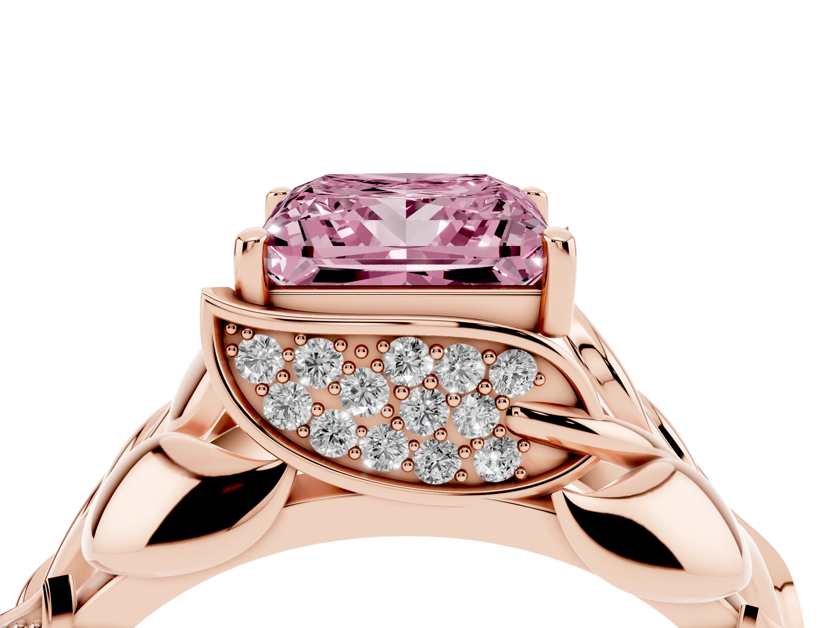 Fancy Pink Princess Cut Diamond Leaf-Inspired Engagement Ring Set in Rose gold with Round Accents