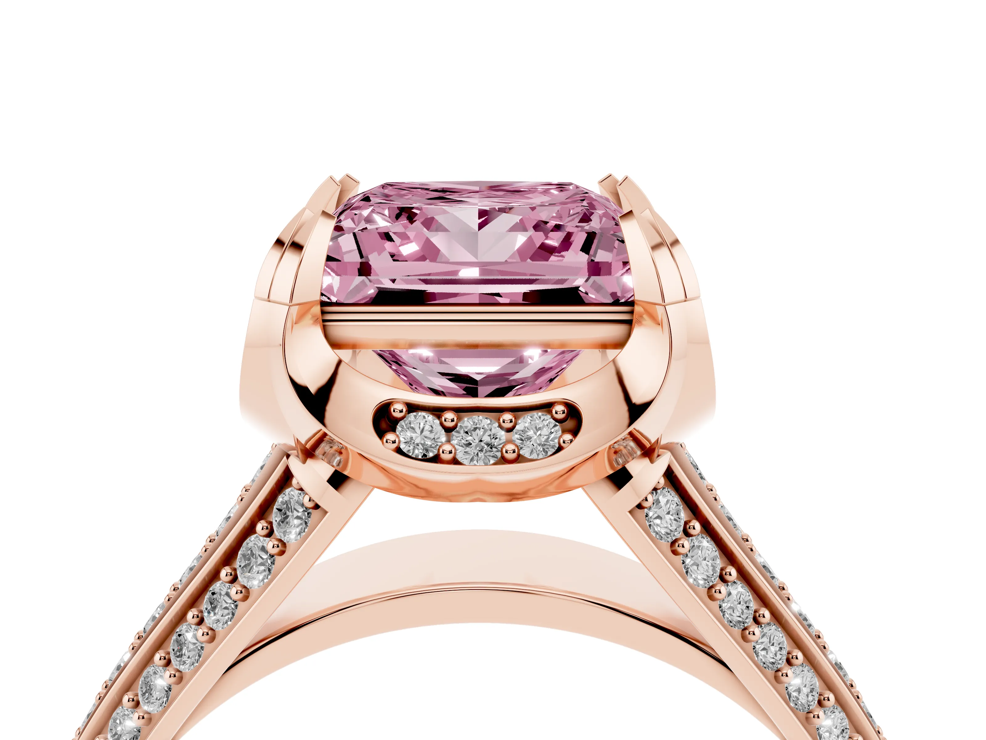 Fancy Pink Princess Cut Diamond Pavé Split Shank Solitaire Ring Set in Rose gold with Prong Setting