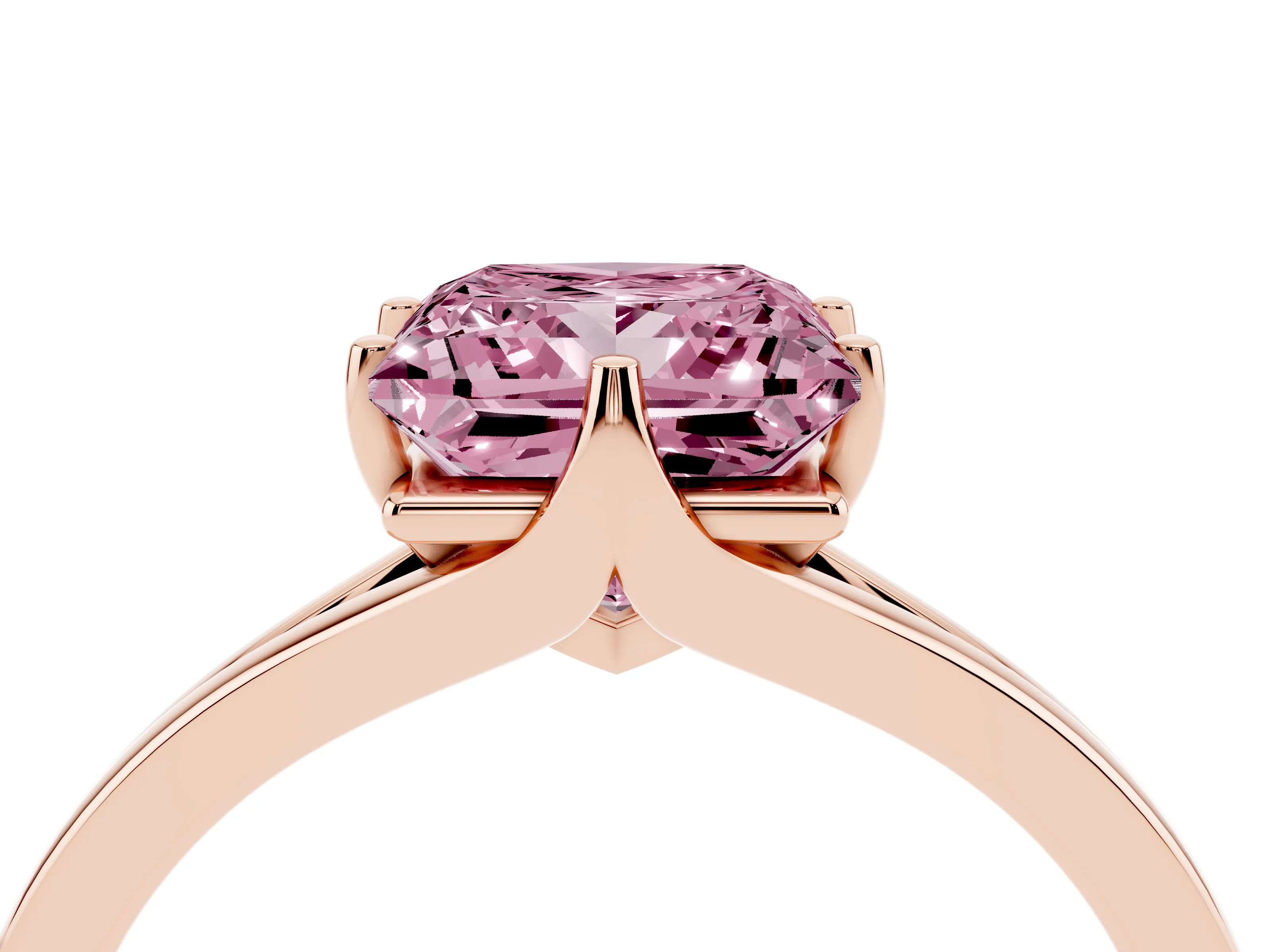 Fancy Pink Princess Cut Diamond Solitaire Ring Set in Rose gold with Polished Tapered Band and Prong Setting