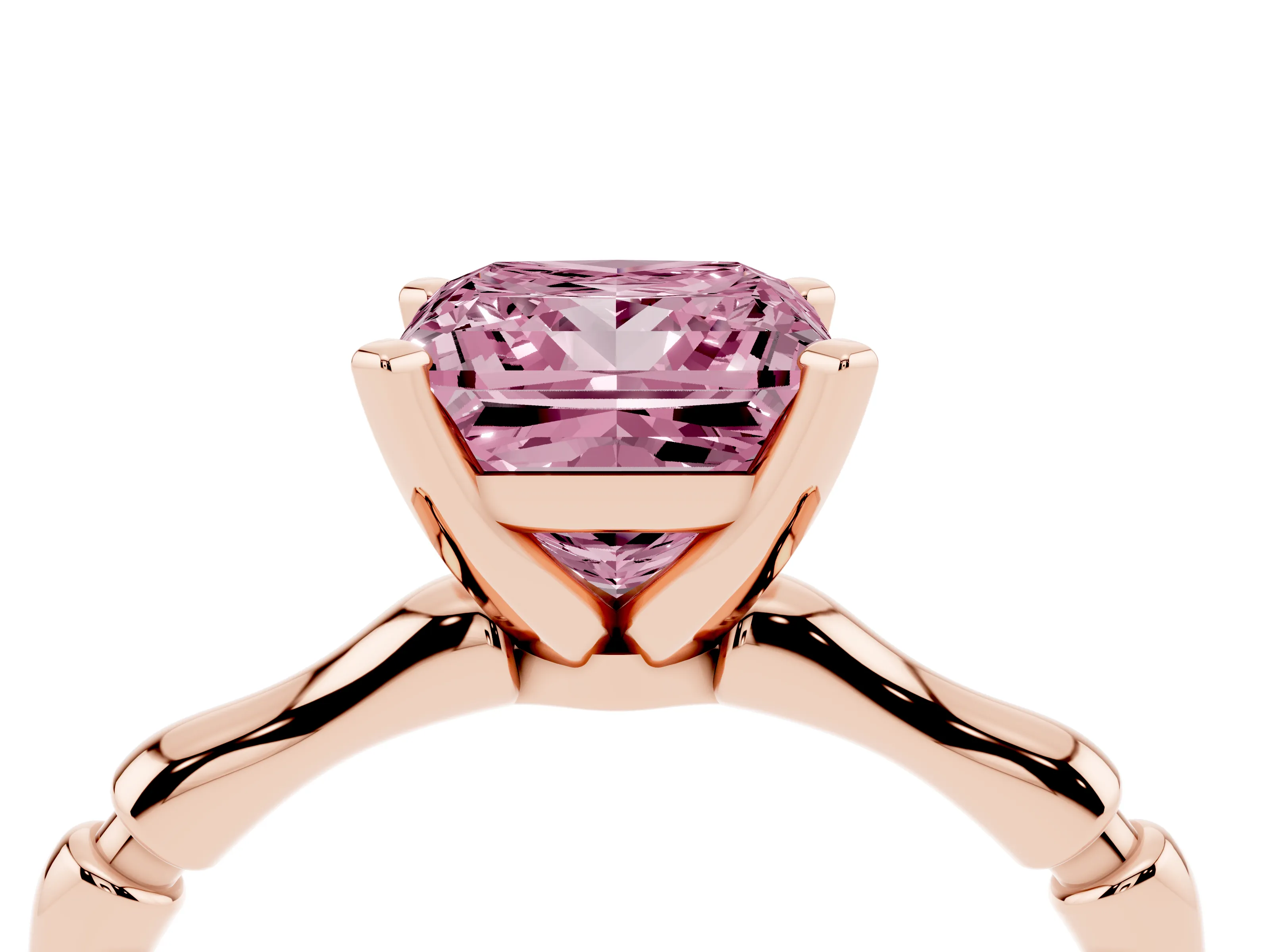 Fancy Pink Princess Cut Diamond Solitaire Ring Set in Rose gold with Bamboo Band and Prong Setting