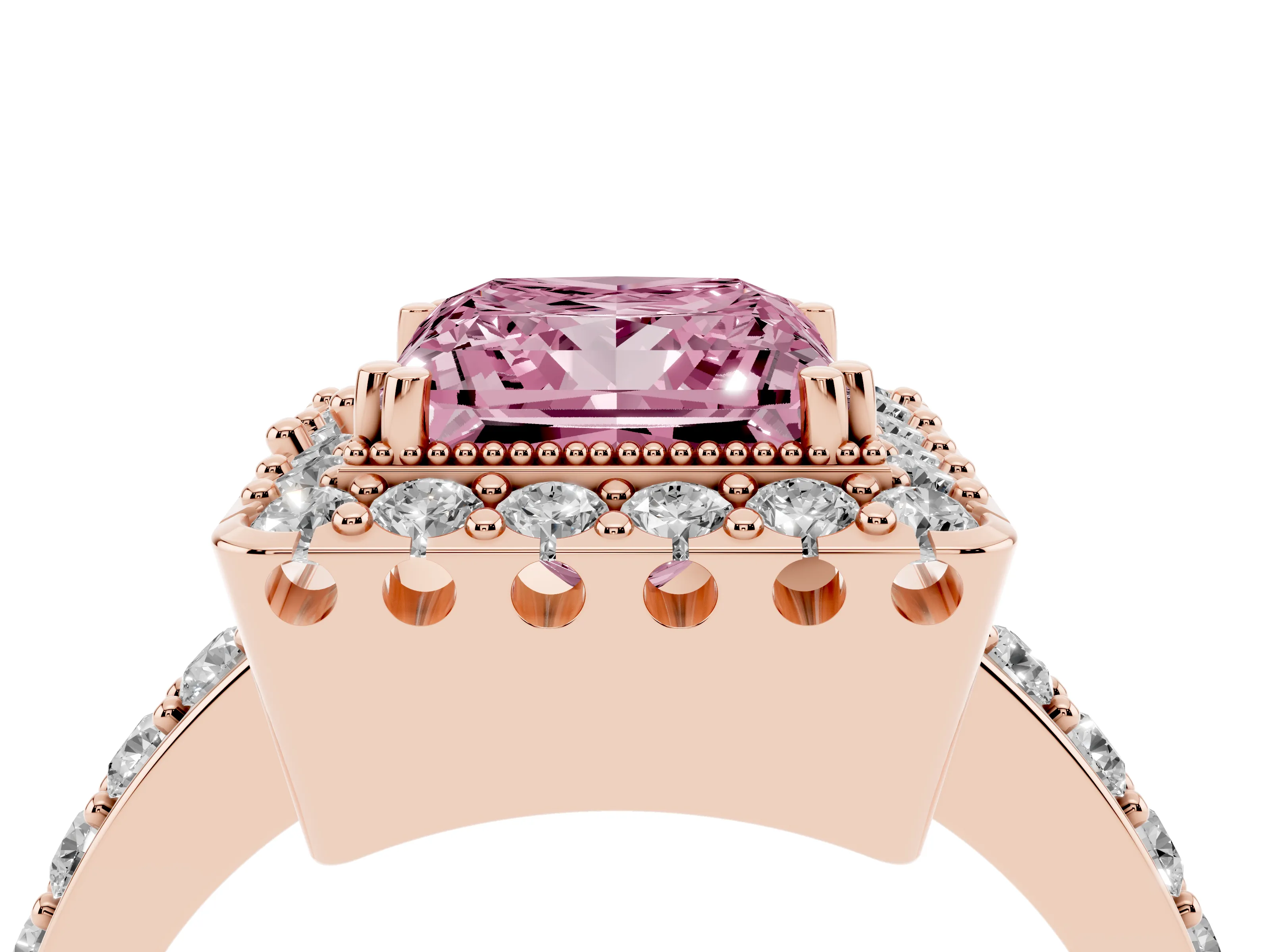 Fancy Pink Princess Cut Diamond Halo Ring Set in Rose gold with Pavé Shank and Prong Setting