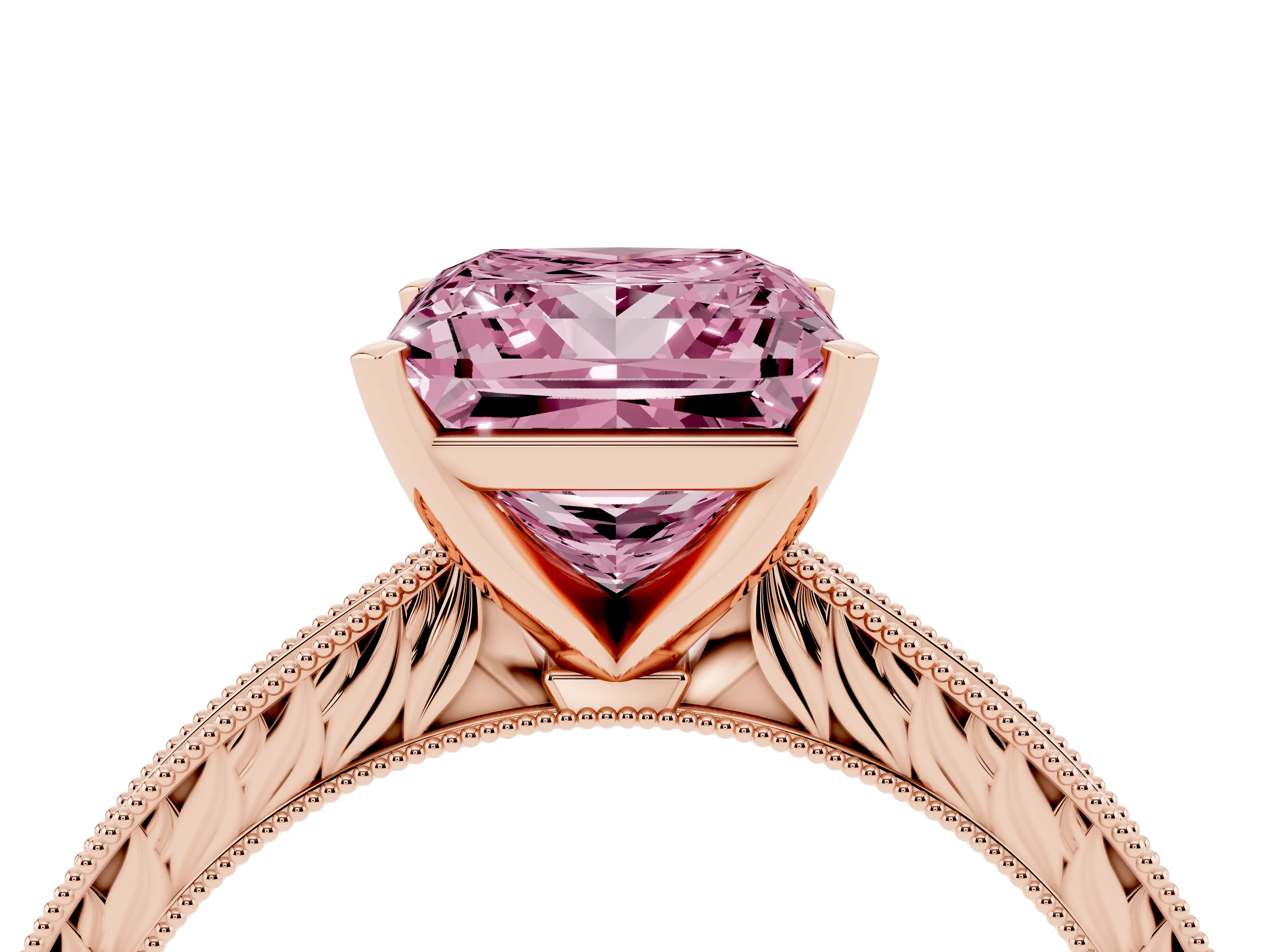 Fancy Pink Princess Cut Diamond Solitaire Milgrain Engraved Band Set in Rose gold with Prong Setting