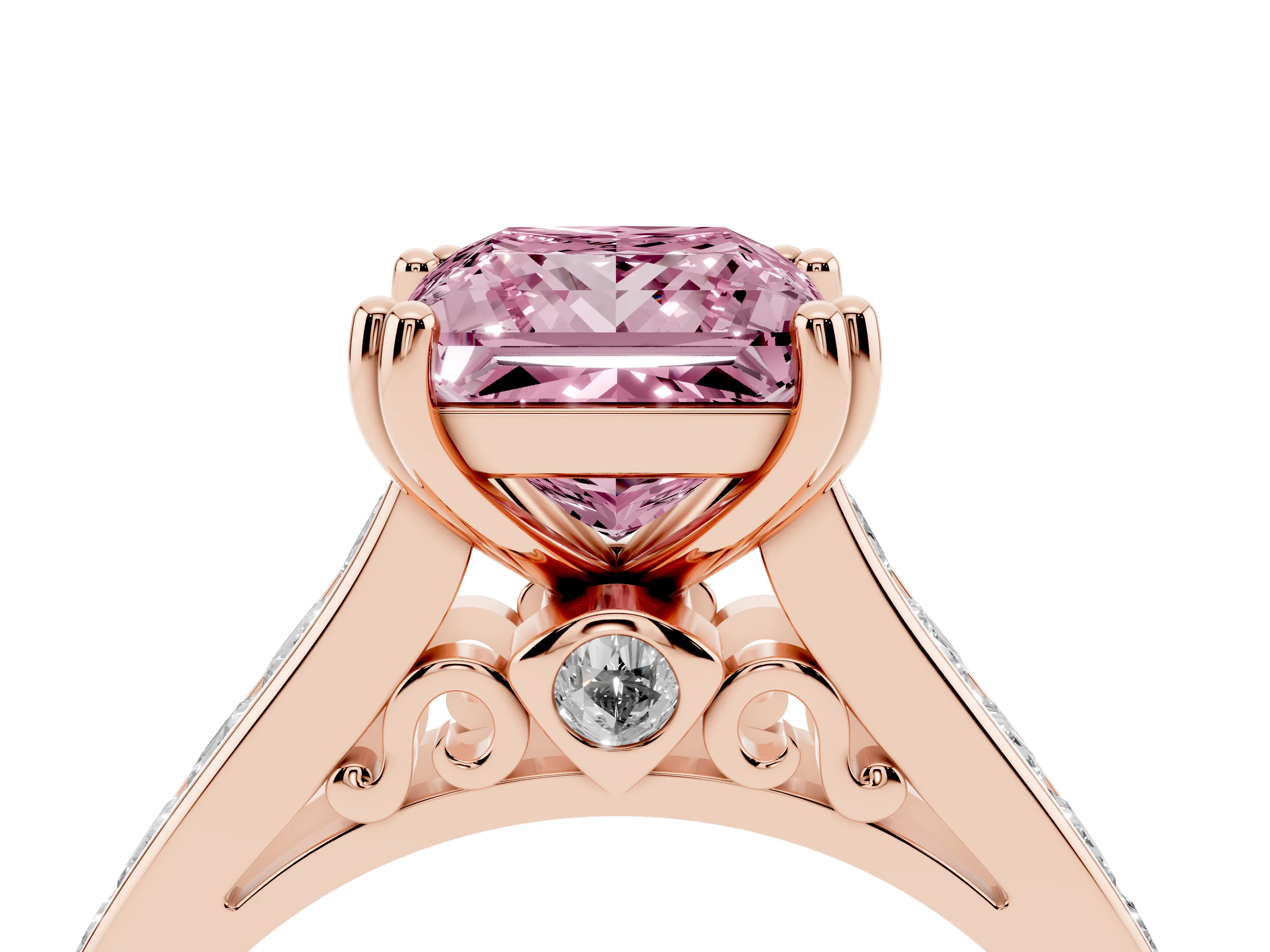 Fancy Pink Princess Cut Diamond Channel Set Solitaire Engagement Ring Set in Rose gold with Prong Setting