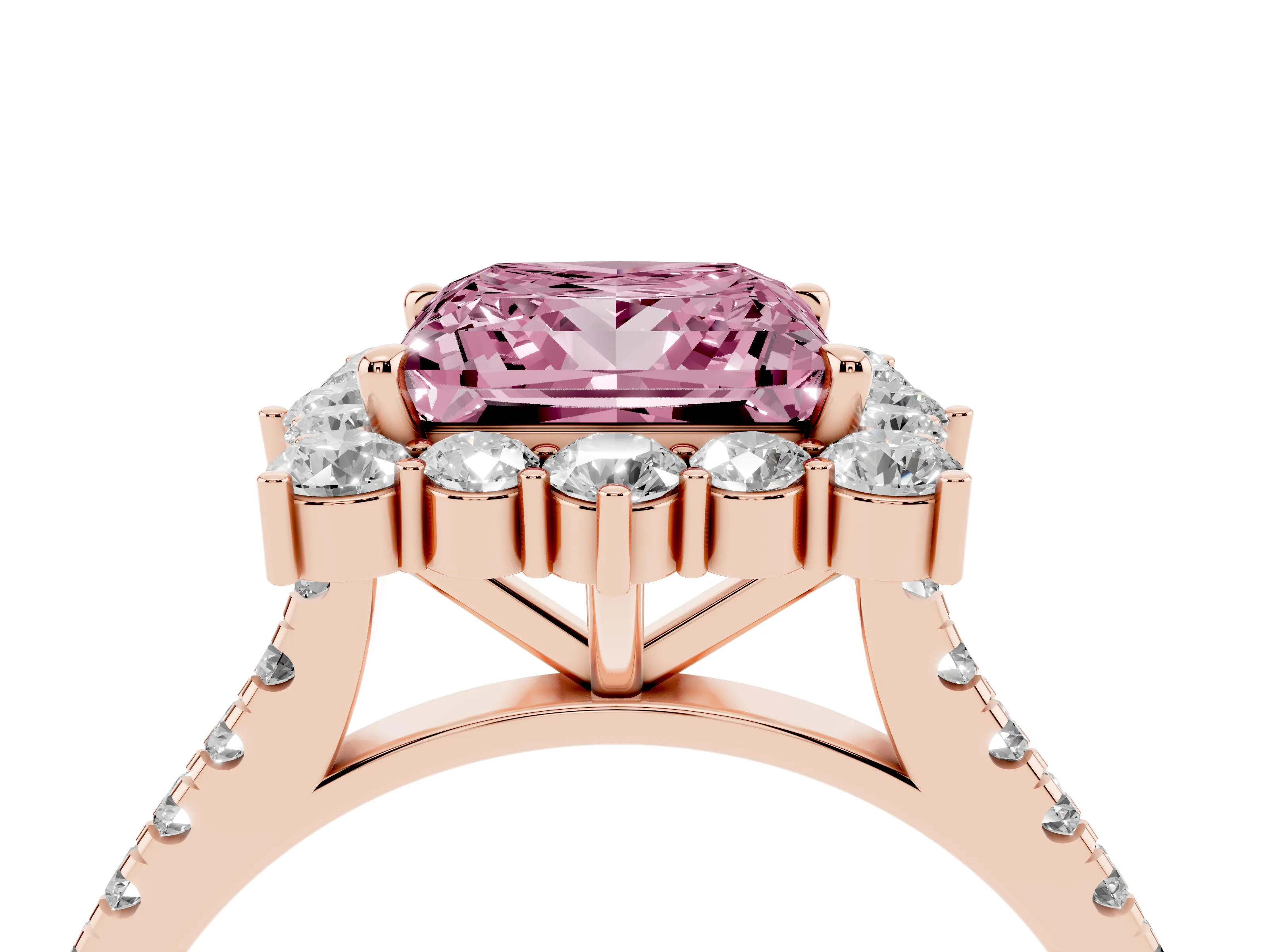 Fancy Pink Princess Cut Diamond Halo Ring Set in Rose gold with Pavé Band and Prong Setting