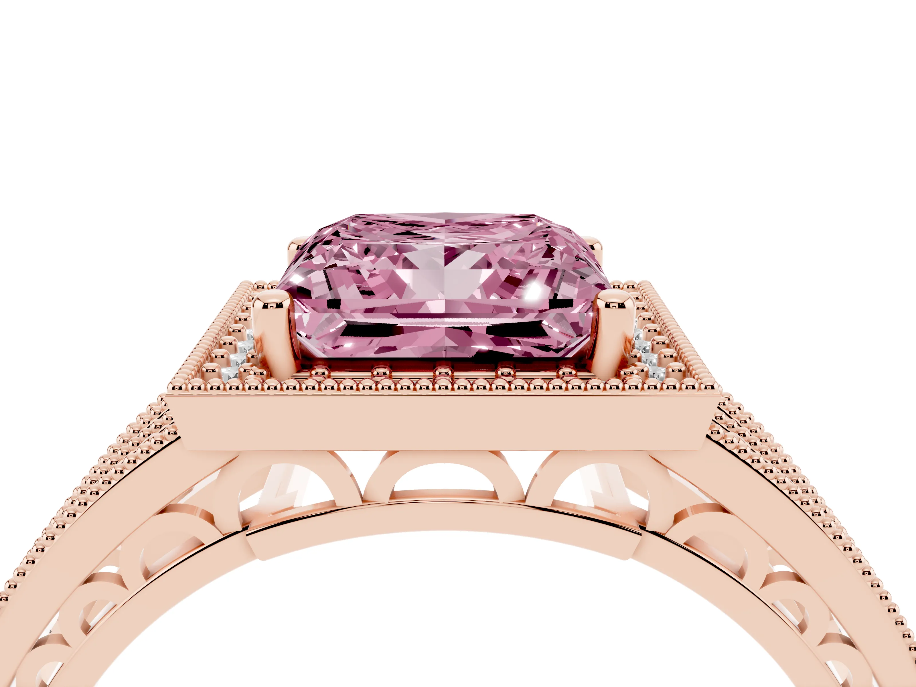 Fancy Pink Princess Cut Diamond Halo Ring Set in Rose gold with Accent Split Shank and Prong Setting
